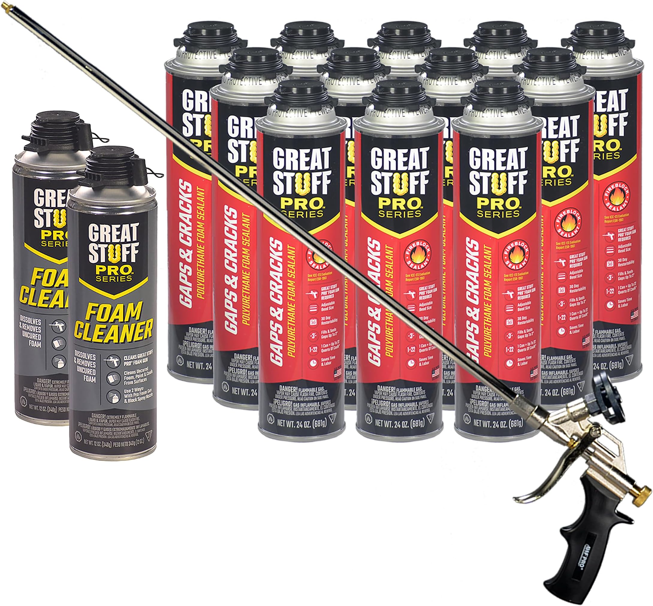 Gaps & Cracks 24 oz Complete Kit – 12-Pack Foam Sealant with AWF PRO 2 ft Professional Spray Foam Gun & 2 Cans of Great Stuff Pro Cleaner
