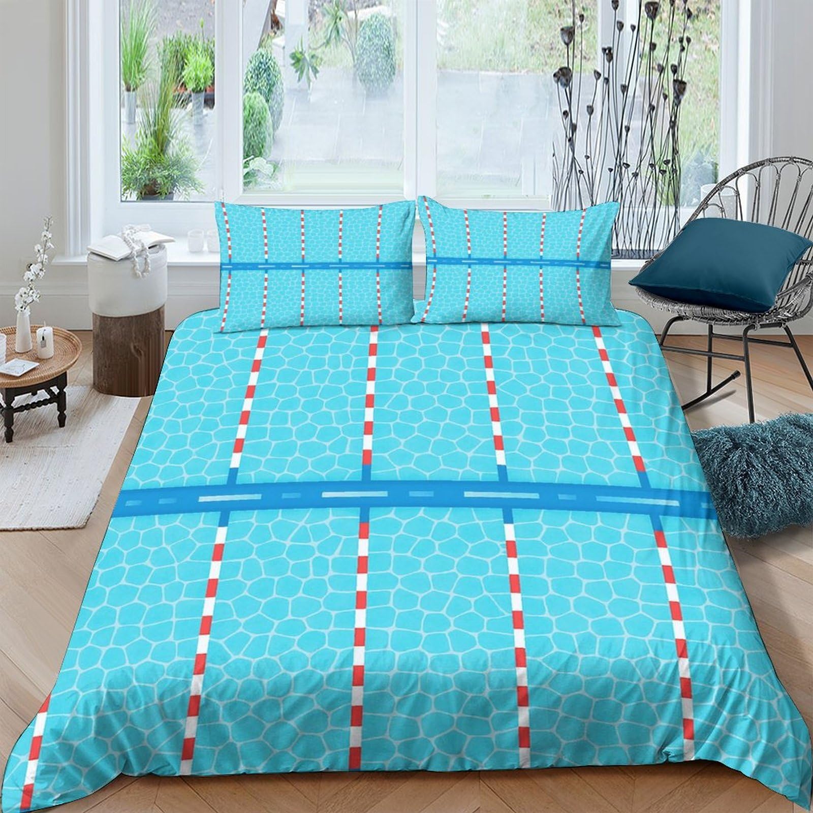 Ctjqhvkz Style-3 3D Printed Swimming Pool Lane Fitted Sheet Microfiber Blue Stripe Mattress Cover For Bedroom Dorm Easy Care Single（135X200cm）