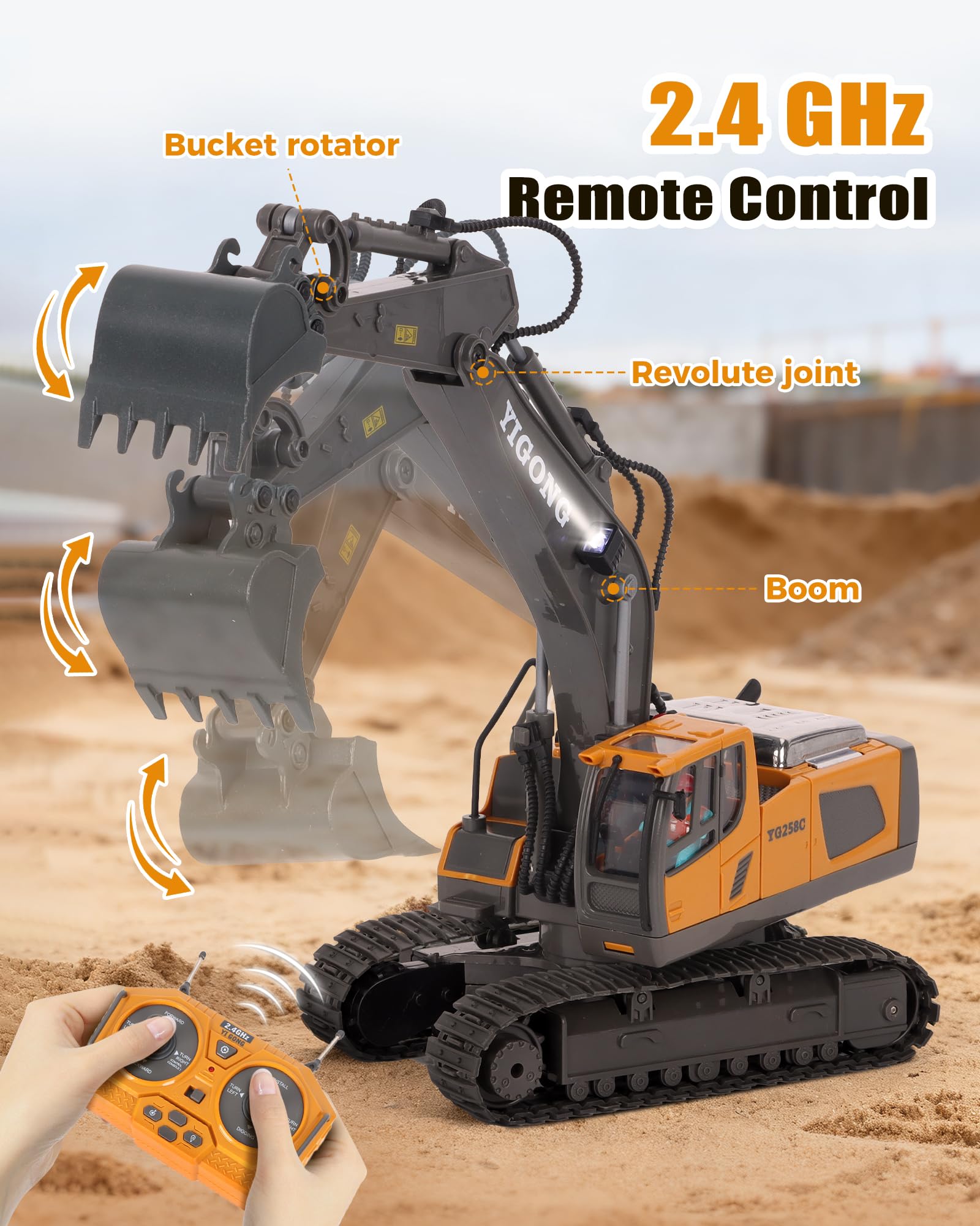 HuiJuKeJi 11-Channel Remote Control Excavator Toy, Rechargeable 2.4 GHz RC Construction Vehicle for Kids, 680° Rotation | Metal Shovel | Lights & Sounds, for Boys Ages 6-12
