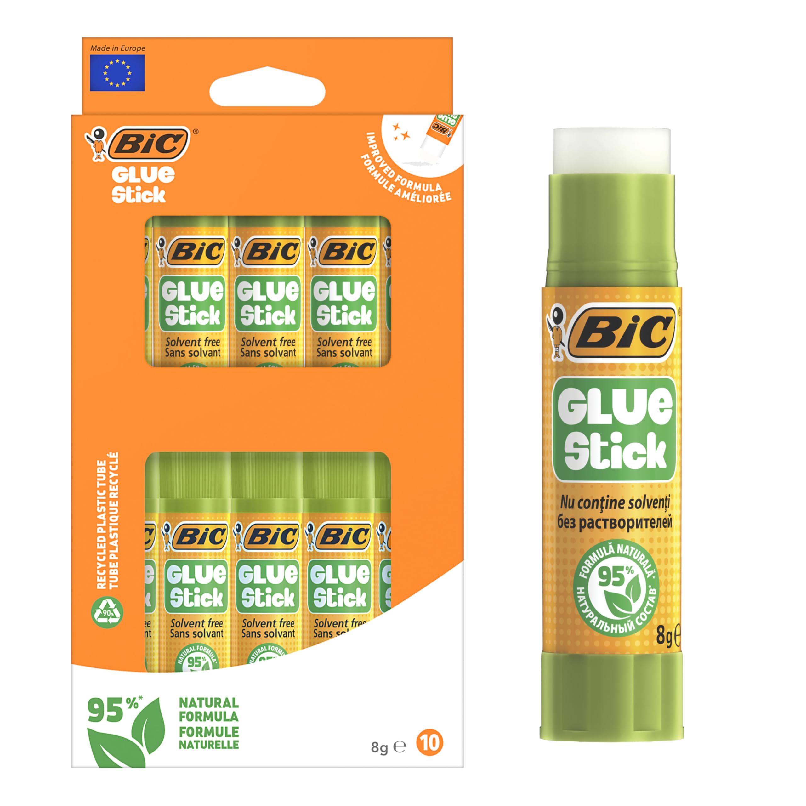 BIC Glue Sticks 8g, 95% Natural Formula in Twist-Up Tube for Crafting - Pack of 10