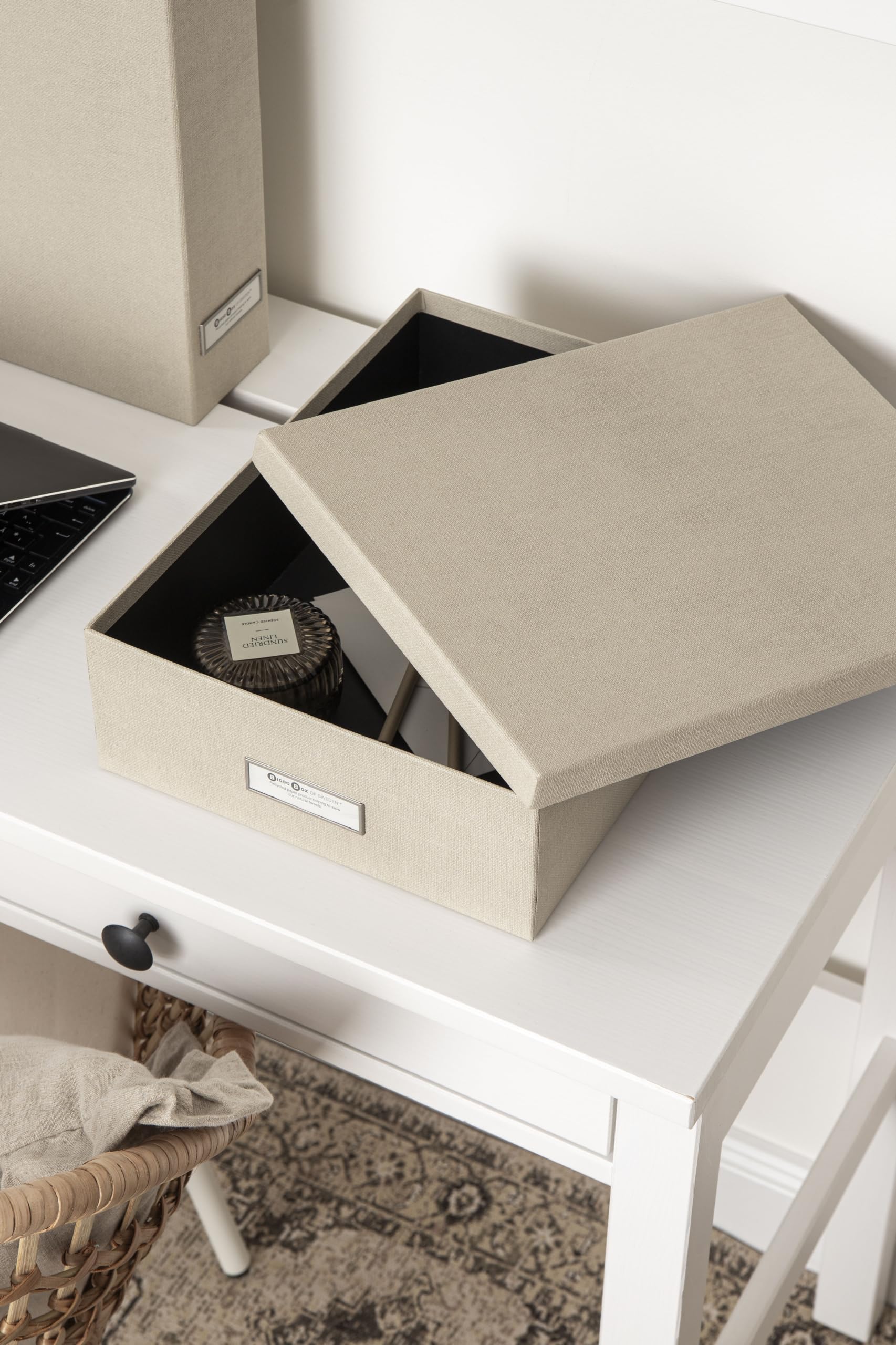 BIGSO HOLGER 5-teiliges Schreibtisch Set – Ordnungssystem mit 2 Stehsammlern, 2 Briefablagen und einer Box – Organizer aus Faserplatte und Papier in Leinenoptik – beige