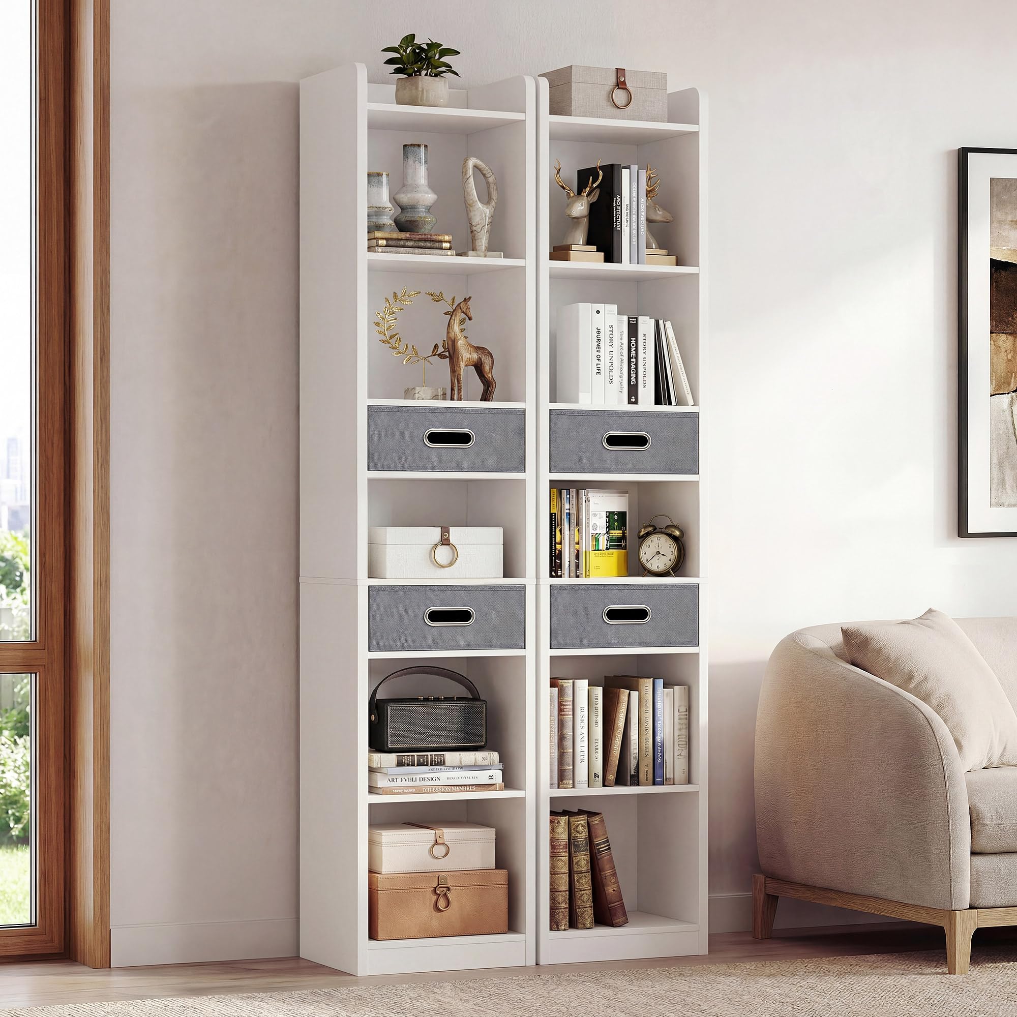 YITAHOME Hohes schmales Bücherregal Eckregal 5 Ebenen 2 Stoffschubladen freistehend Weiß 30x24x180 cm