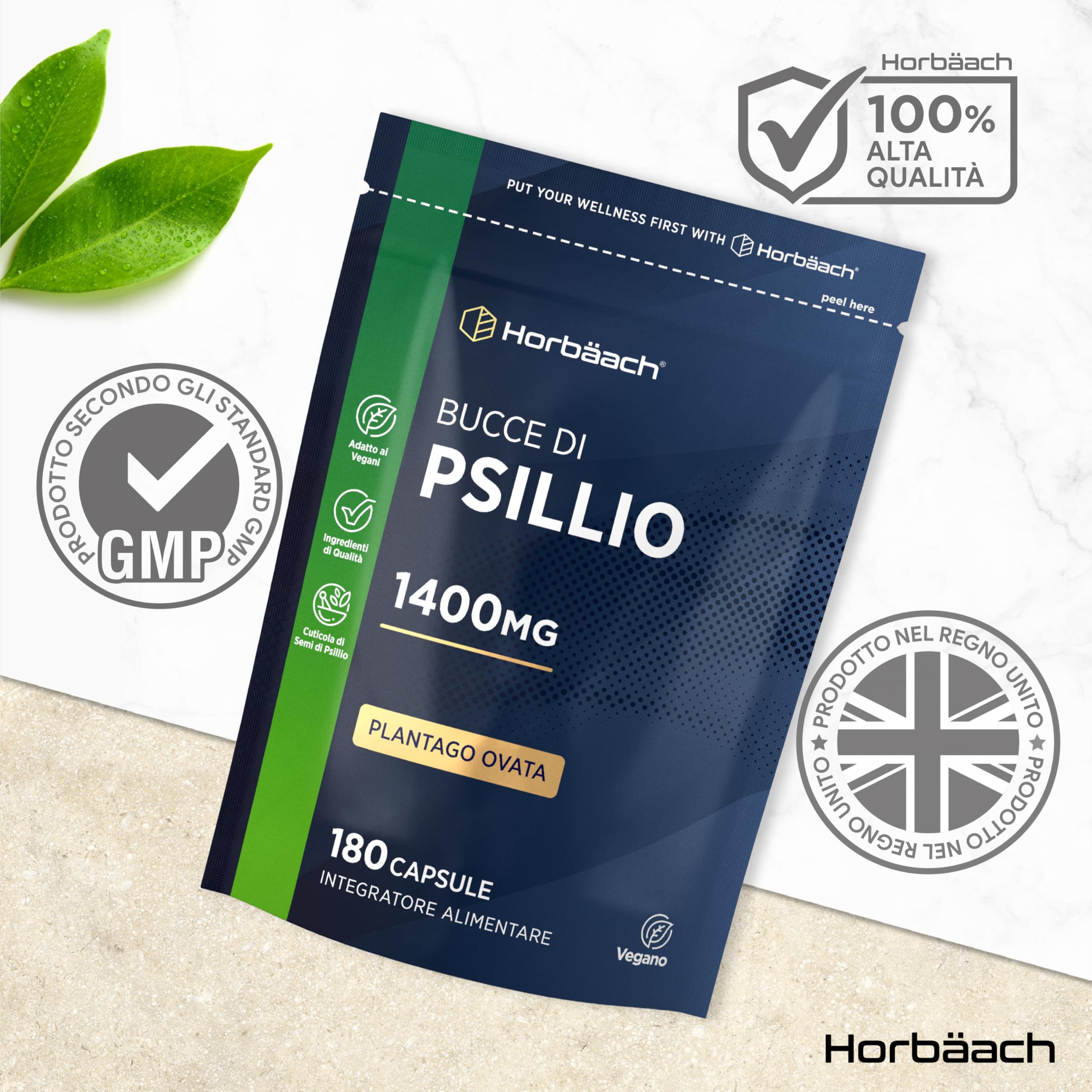 Psillio Capsule | 1400 mg | Buccia di Psillio in Polvere | Alto Dosaggio | 180 Capsule Vegane per 3 Mesi | Integratore di Fibre | Prebiotico Naturale | Psyllium Husk | Horbaach