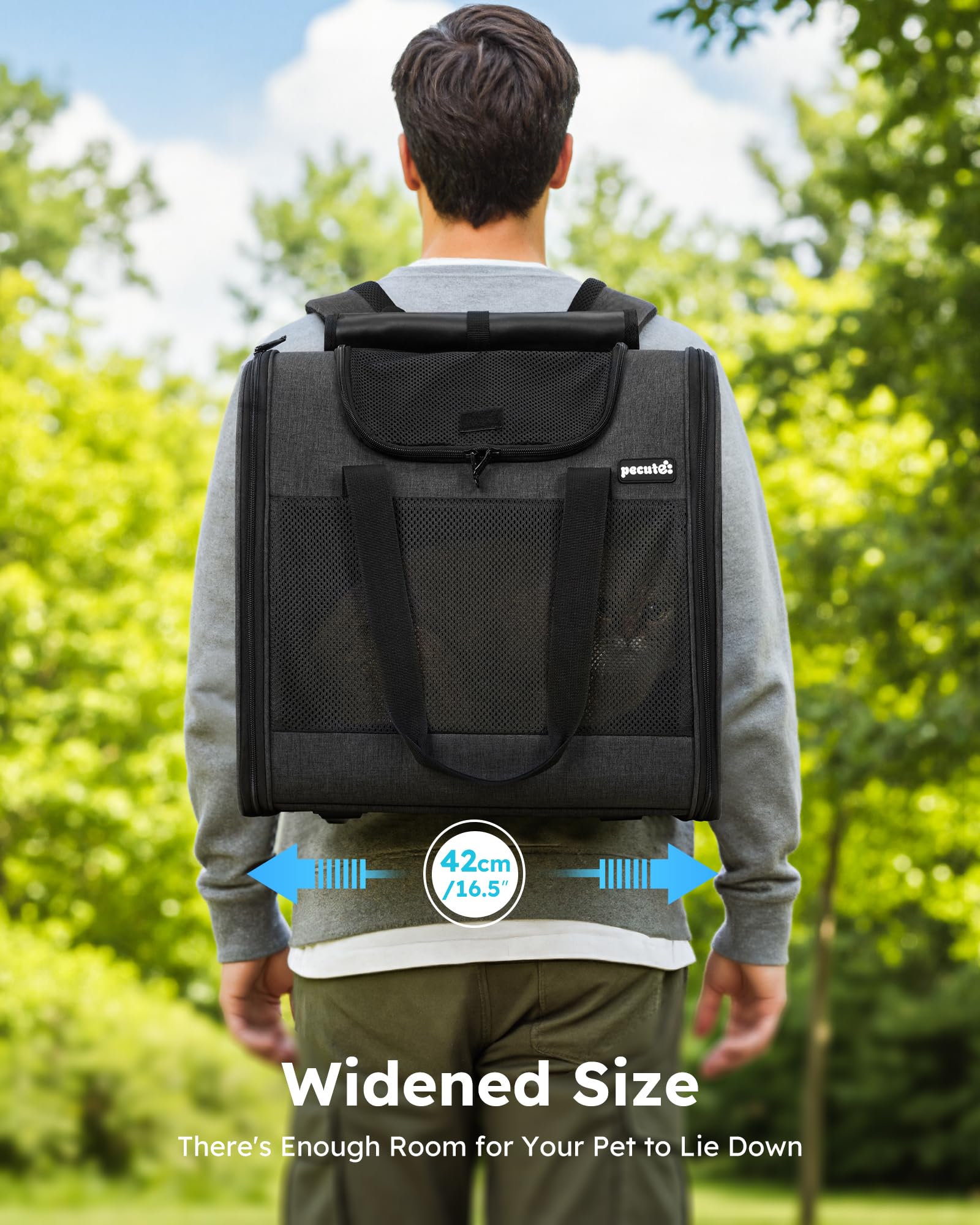 Pecute Zaino per Gatti & Cucciolo,con Disegno Ampliato e Design Ventilato, Pieghevole, con Cinghia di Sicurezza, Grigio Scuro