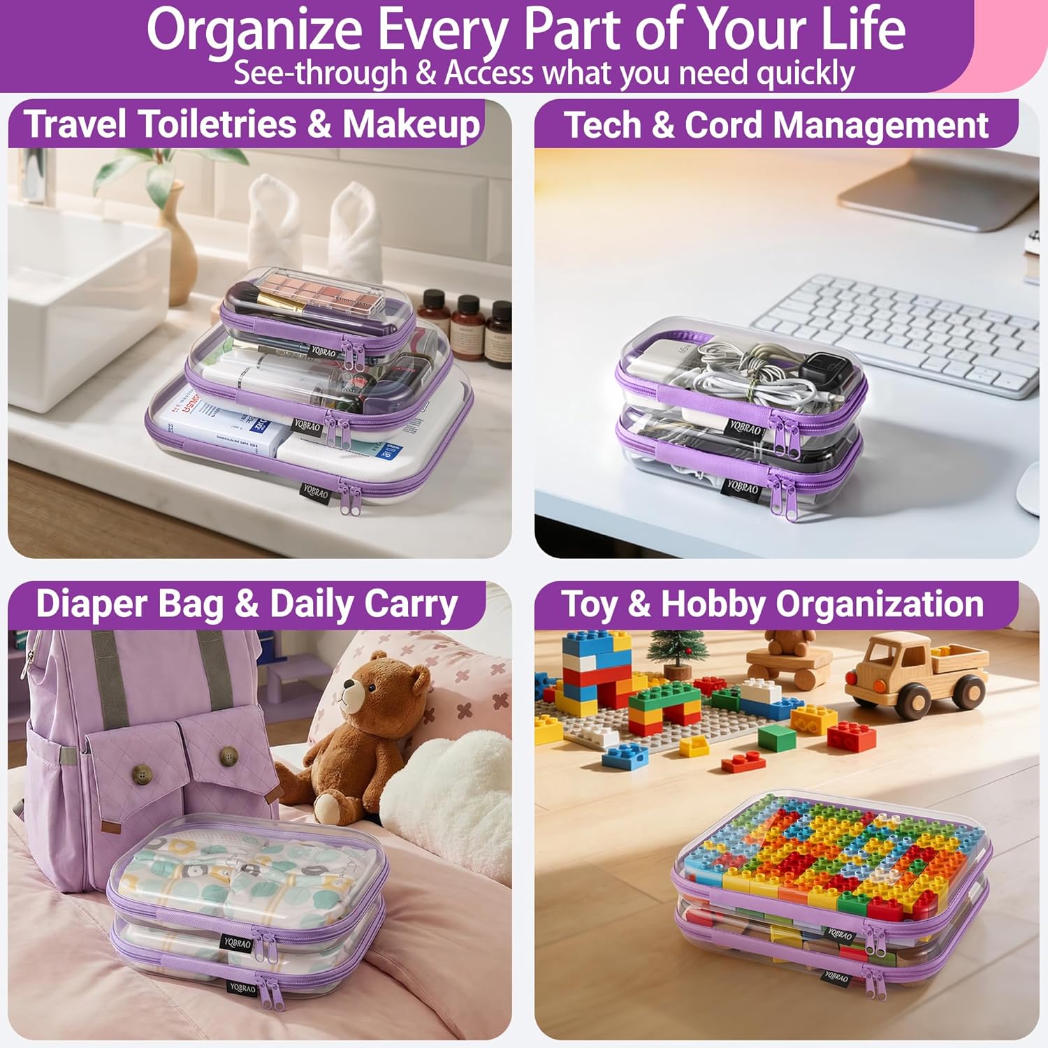 YQBRAO 6 Pack Royal Purple Clear Hard Shell Zipper Case, 1.2mm Heavy Duty Art Supply & Cosmetic Bags, Crush-Proof Storage Pouches for Hobbies, Tech & Makeup (2L, 2M, 2S)