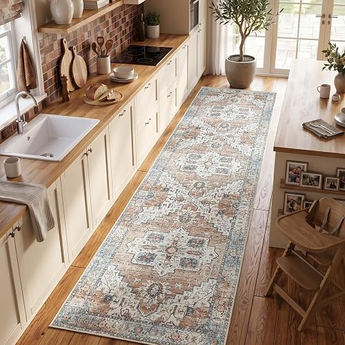 jinchan 3x10 Runner Vintage Medallion Washable Area Rug, Blue/Orange | Vintage Medallion Design, Low Pile, Non Slip, Machine Washable, Ideal for Wide Hallway, Galley Kitchen or Bedroom