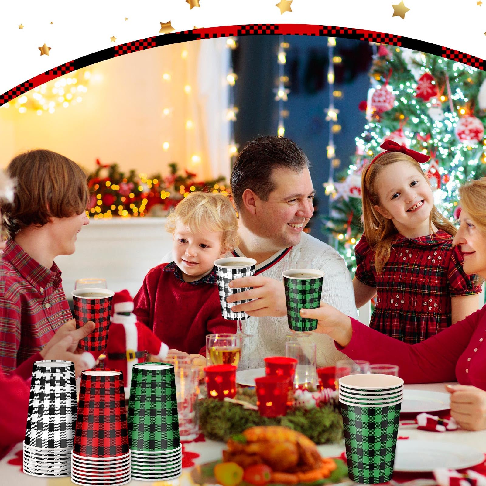Maxcheck 300 tazas desechables de Navidad de 12 onzas, color verde, rojo, blanco, a cuadros, tazas de café de papel para bebidas frías calientes, chocolate, té, cacao, decoraciones de mesa de Navidad