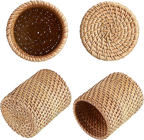 Miniatura 4 de BTSKY Paquete de 3 vasos de ratán, soportes para lápices de escritorio hechos a mano, soporte para brochas de maquillaje, cesta tejida