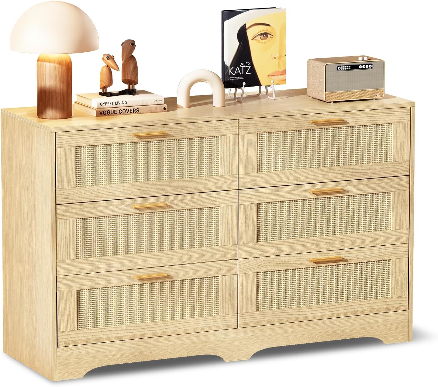 Redlife 6 Drawer Rattan Dresser for Bedroom, Modern Double Dresser with Gold Handles, Wood Storage Chest of Drawers for Closet, Living Room, Hallway and Entryway, Natural