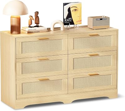 Redlife 6 Drawer Rattan Dresser for Bedroom, Modern Double Dresser with Gold Handles, Wood Storage Chest of Drawers for Closet, Living Room, Hallway and Entryway, Natural