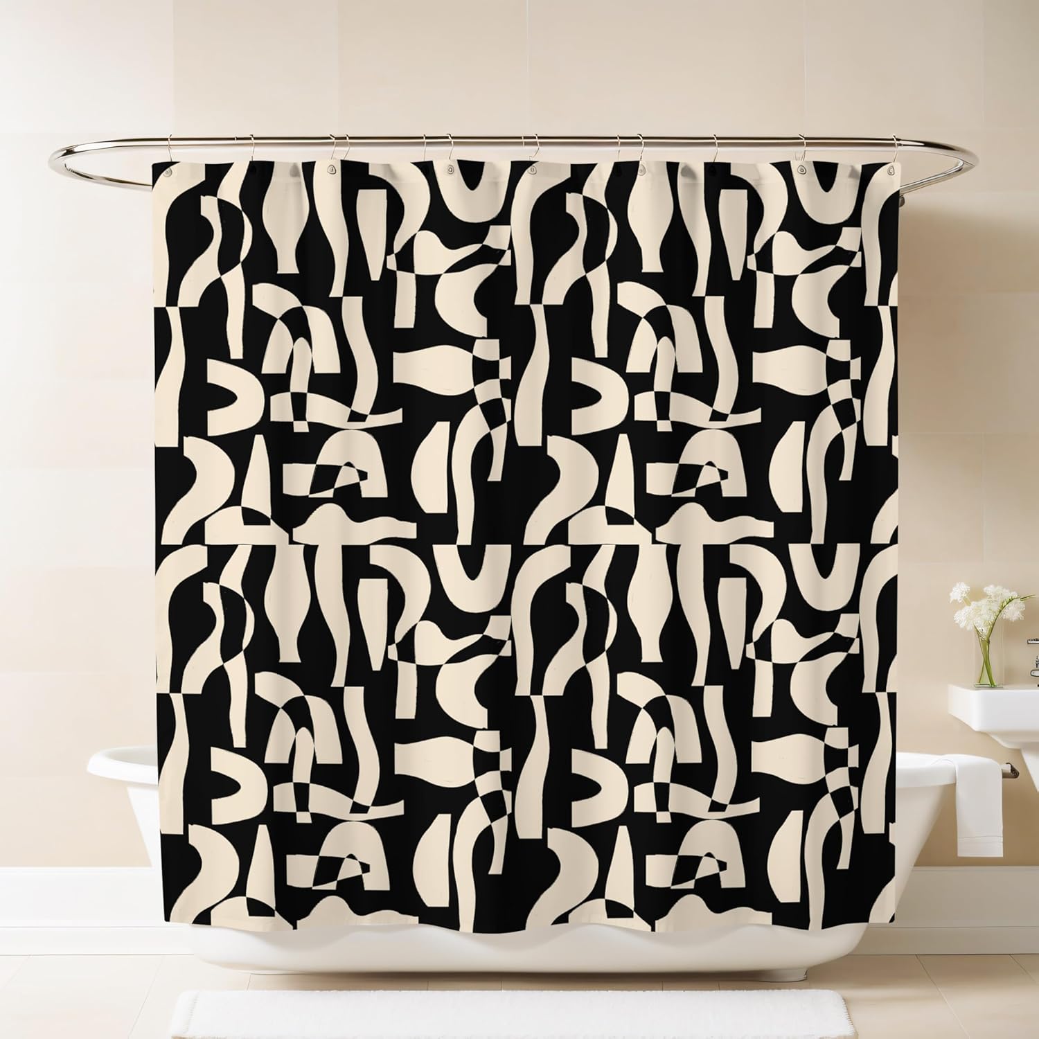 Modern Black and Ivory Geometric Pattern Print Shower Curtain - Abstract Minimalist Pattern - Neutral Design - Trendy Fabric Shower Curtain for Any Bathroom - 72x72 Inches (Geo Black)