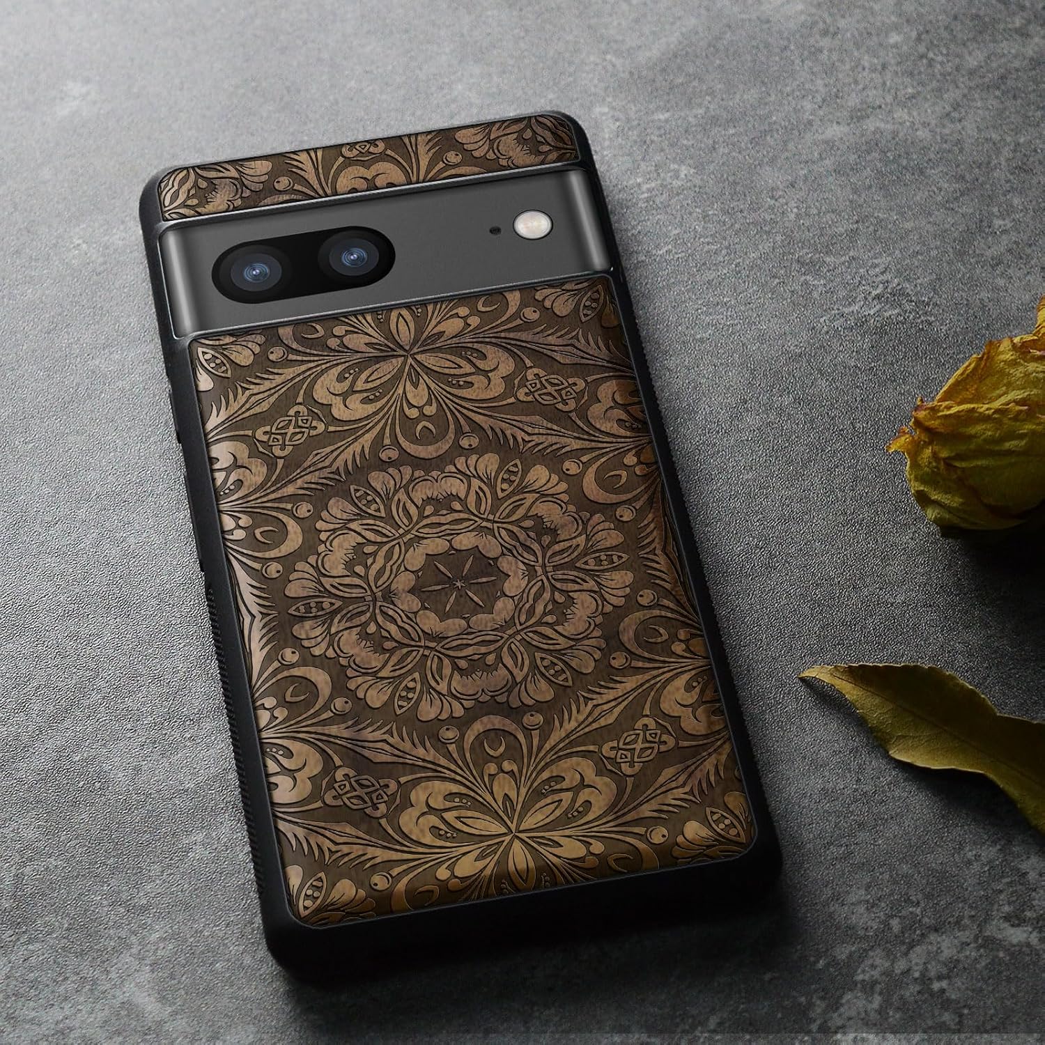 Carveit Wood Case for Pixel 8 Case [Natural Wood & Black Soft TPU] Shockproof Protective Unique Wooden Cover Compatible with Google Pixel 8 (Baroque Blossom-Walnut)