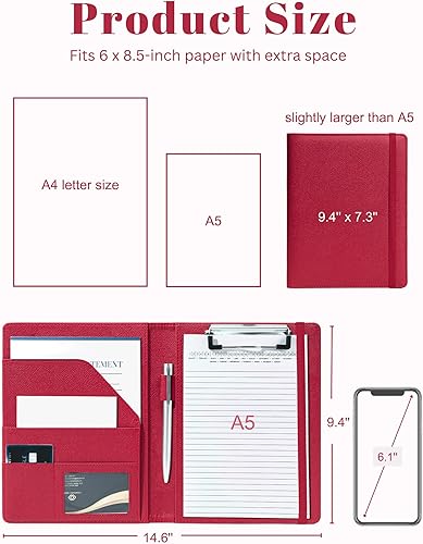 Vista 16 de Mymazn - Portapapeles pequeño Junior Padfolio Folio 7 x 9 Cuaderno de escritura recargable, carpeta de piel sintética A5 para bloc de notas, bloc