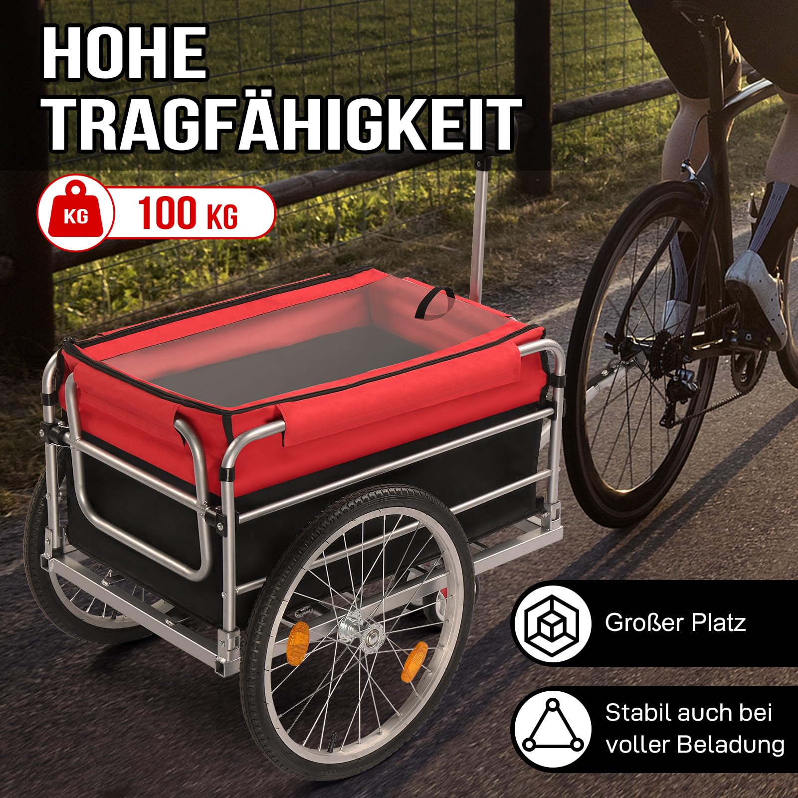 LEADZM Klappbar Fahrradanhänger, Lastenanhänger mit Universeller Kupplung, Transportanhänger mit 20-Zoll-Luftreifen, Sicheren Reflektoren, Transportbox mit 100 Liter
