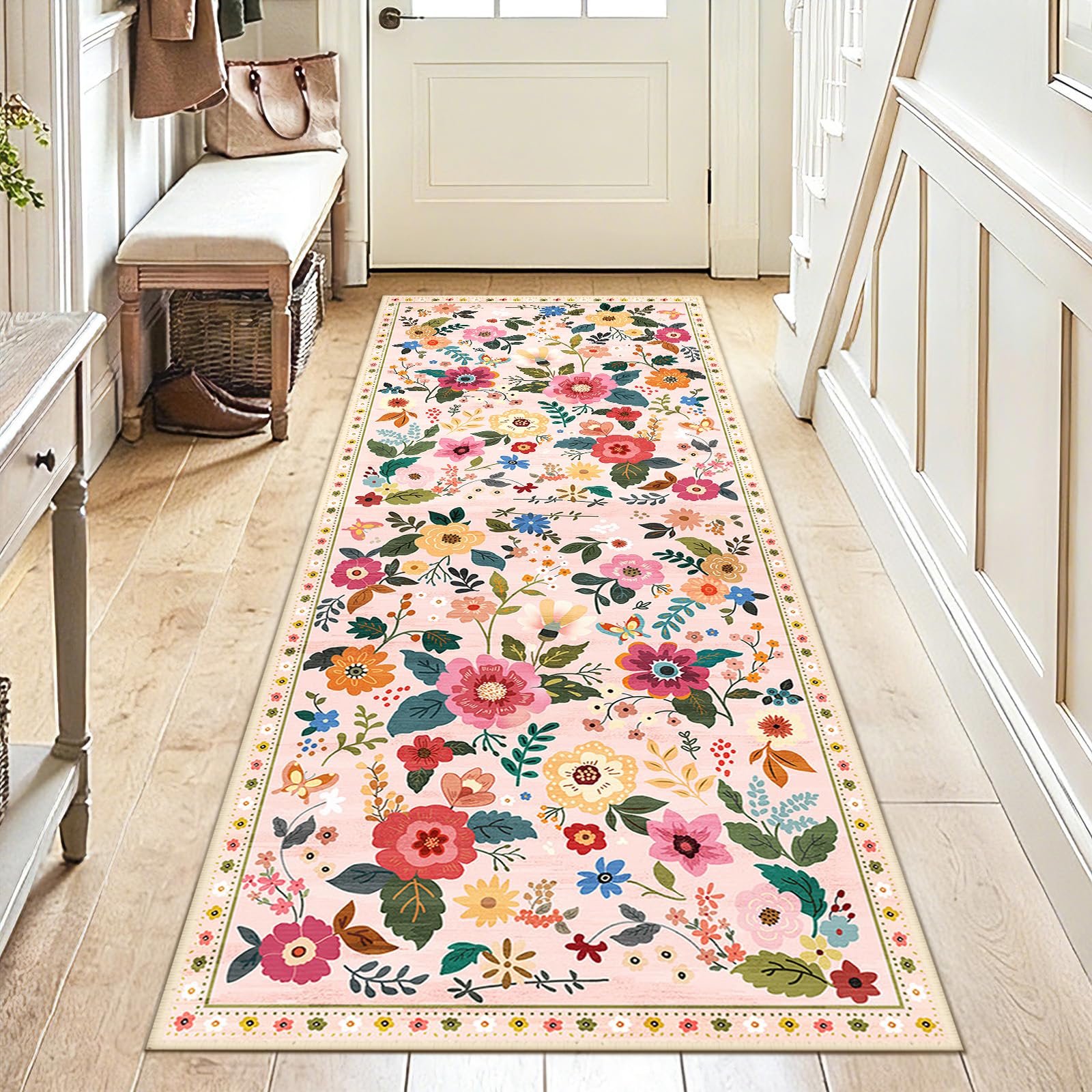 DEFYNEE Runner Rugs for Hallway, 60×180cm Floral Rug, Non-Slip 5.88mm Low Pile Boho Vintage Floral Carpet with Printed Design for Kitchen, Bedroom, Entryway, Lounge, Bedside, Pink/Beige — image 1