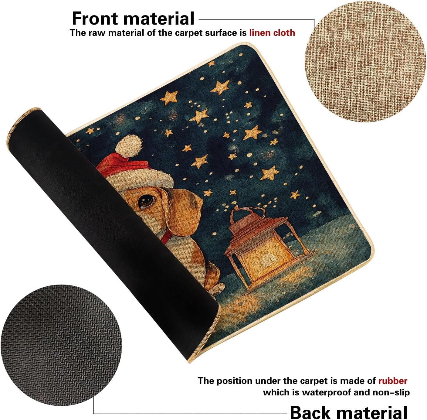 Christmas Beagle Dog Front Black Door Mat Outside Inside Entrance 29 * 17, Cute Xmas Stars Outdoor Indoor Non Slip Doormat, Small Pet Shoes Off Doormat for Patio Home