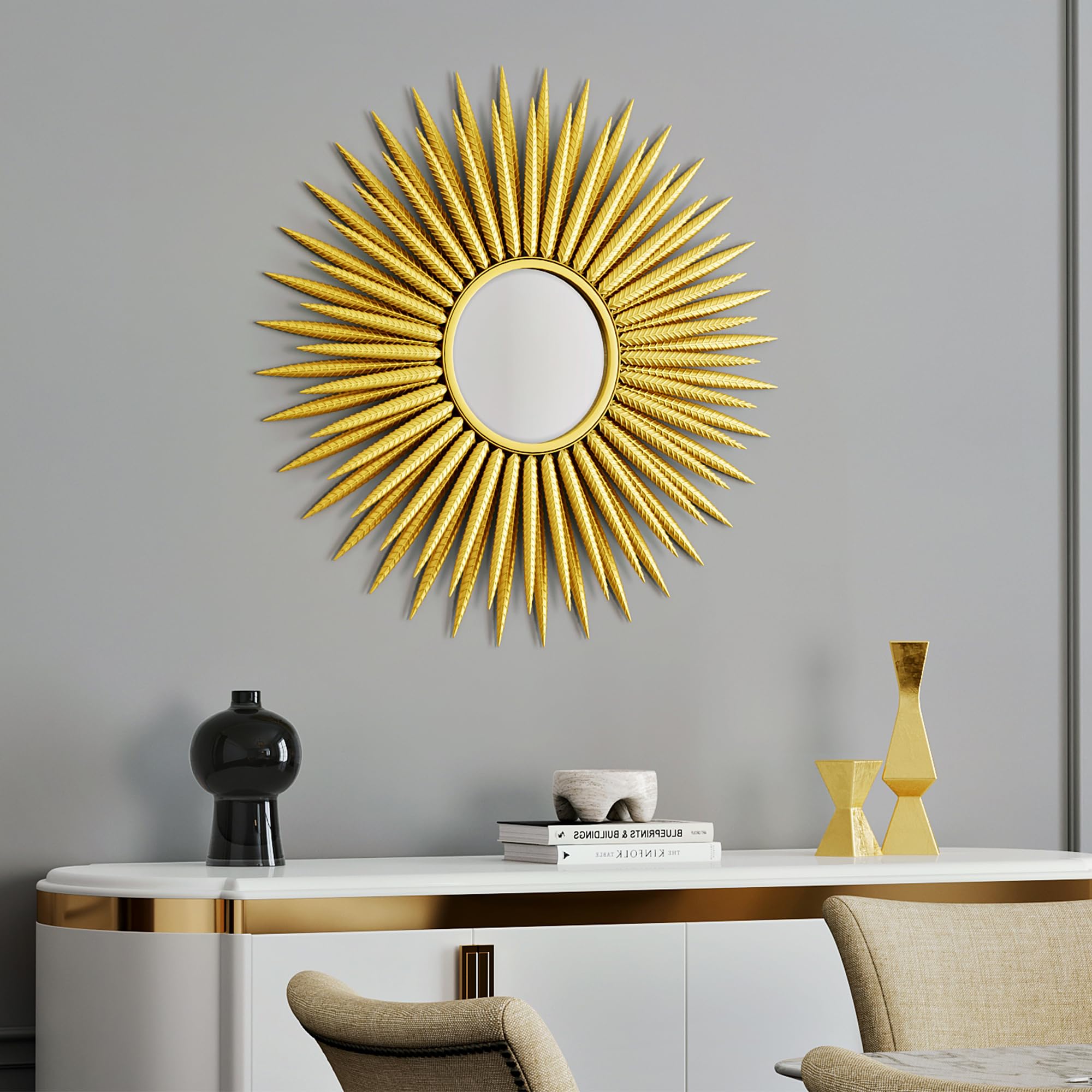30" Gold Wall Mirrors Decorative Metal Frame Mirrors with Decorative Spikes Luxury Round Modern Mirror Sunburst Mirror for Bedroom,Entryway, Dining Room & Living Room