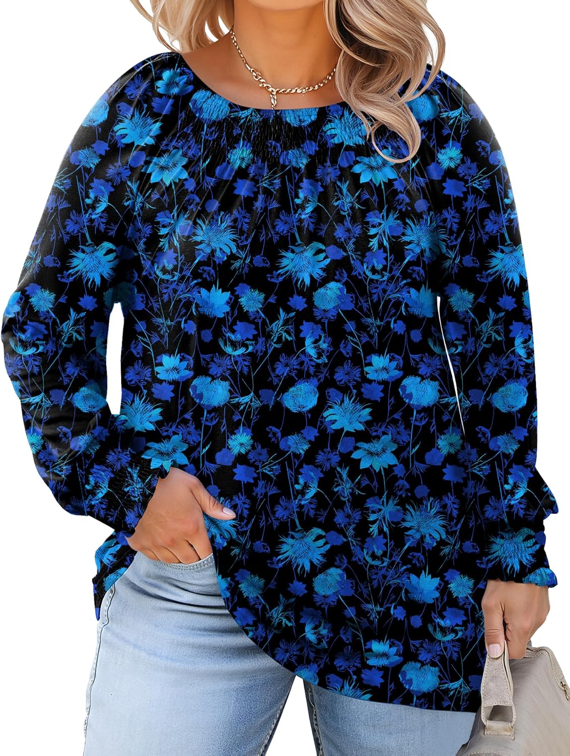 Micoson Womens Plus Size Tops Long Sleeve Shirts Crewneck Pleated Blouses Dressy Casual Fashion Tunic Top (1X-5X)