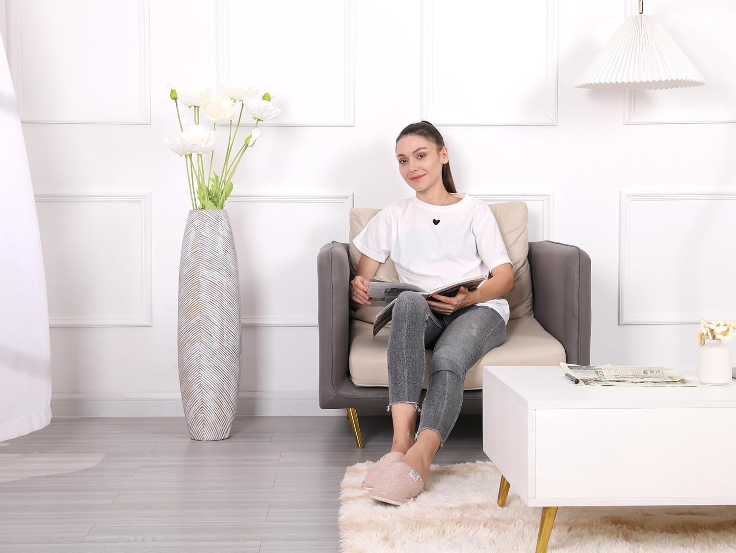 Leewadee Decorative Tall Floor Vase for Living Room Decor, 34 inches, White Wash, Resin - Image 2