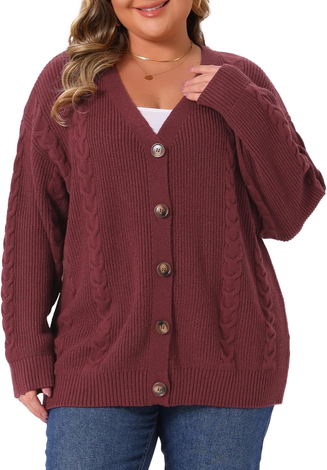 Agnes Orinda Plus Size Women's V Neck Button Down Cardigan Sweaters Long Sleeve Knit Cardigans Casual Oversized Jacket