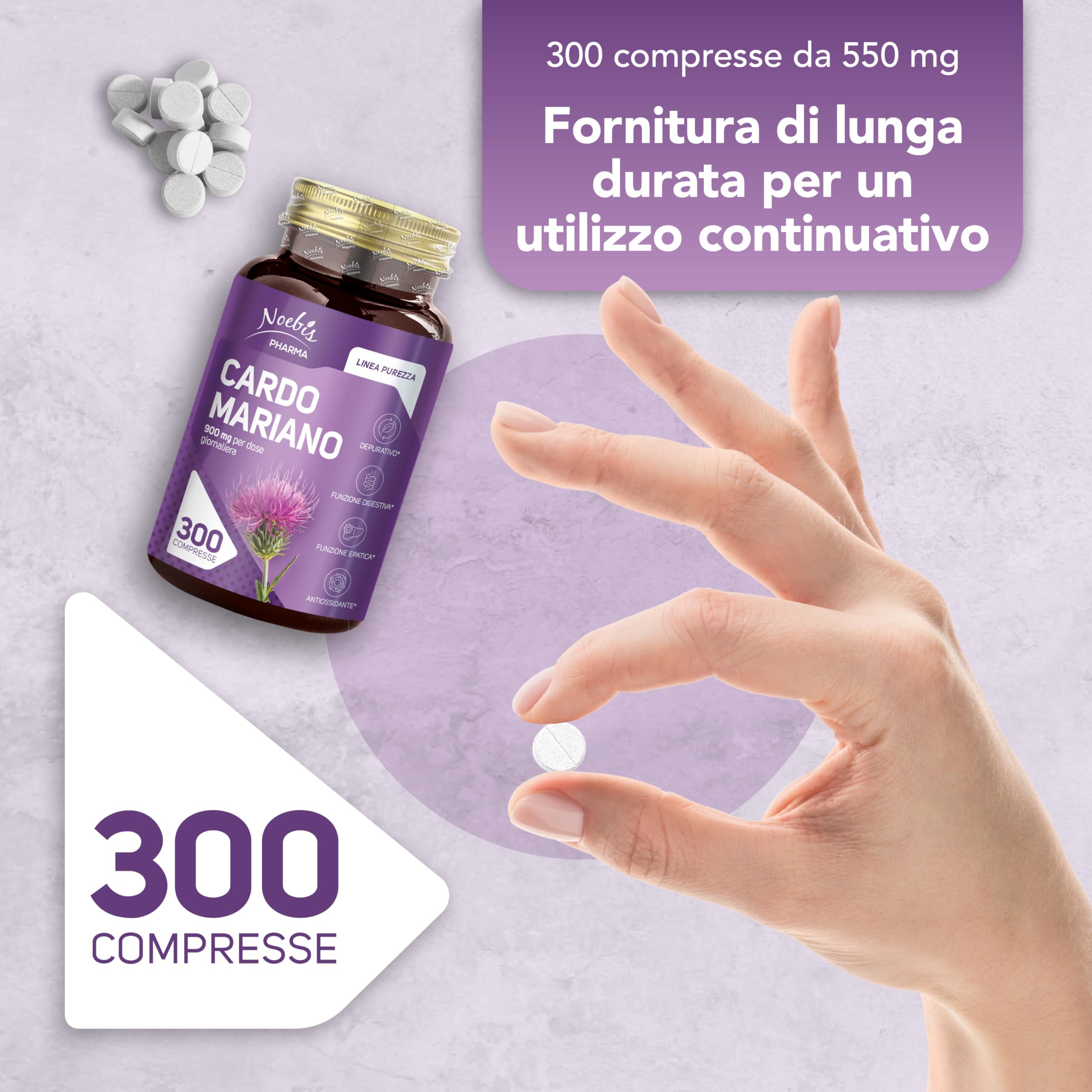 Cardo Mariano Noebis Pharma - Estratto Secco di Cardo Mariano con Silimarina - 300 Compresse - Supporto Fegato, Digestione e Azione Antiossidante (Confezione da 4)