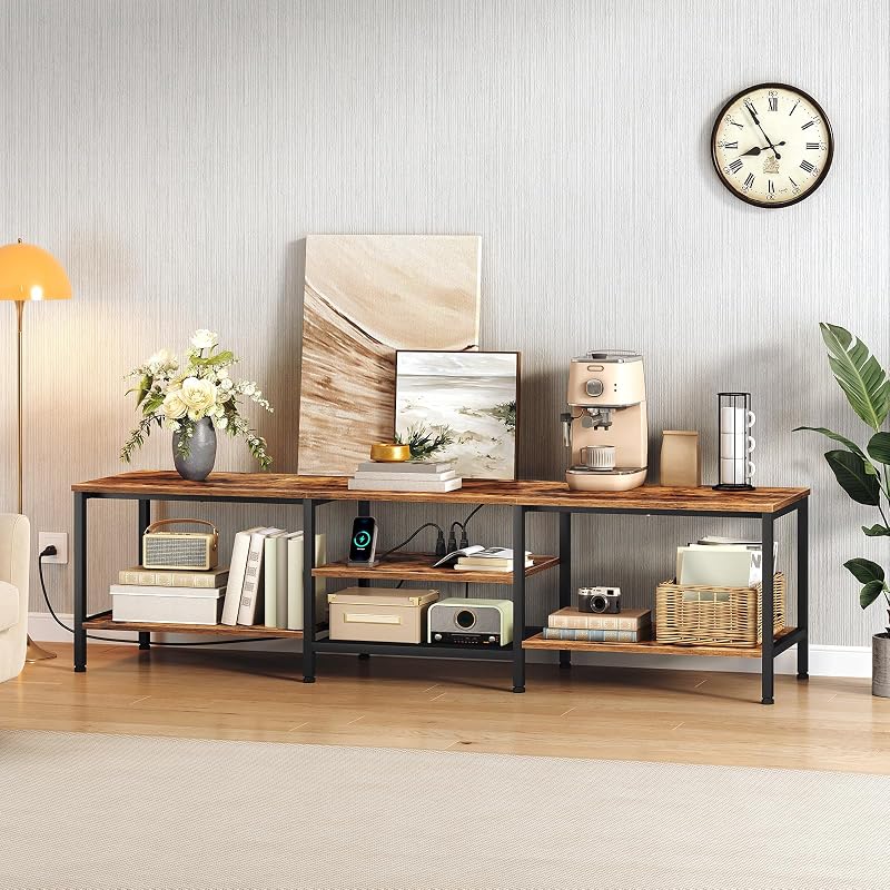 HOOBRO TV Stand with Power Outlets to 85 Inches, TV Console Table with Open Storage Shelves, Industrial Media Entertainment Center for Living Room Bedroom, Rustic Brown and Black BF200UDS01 image 7