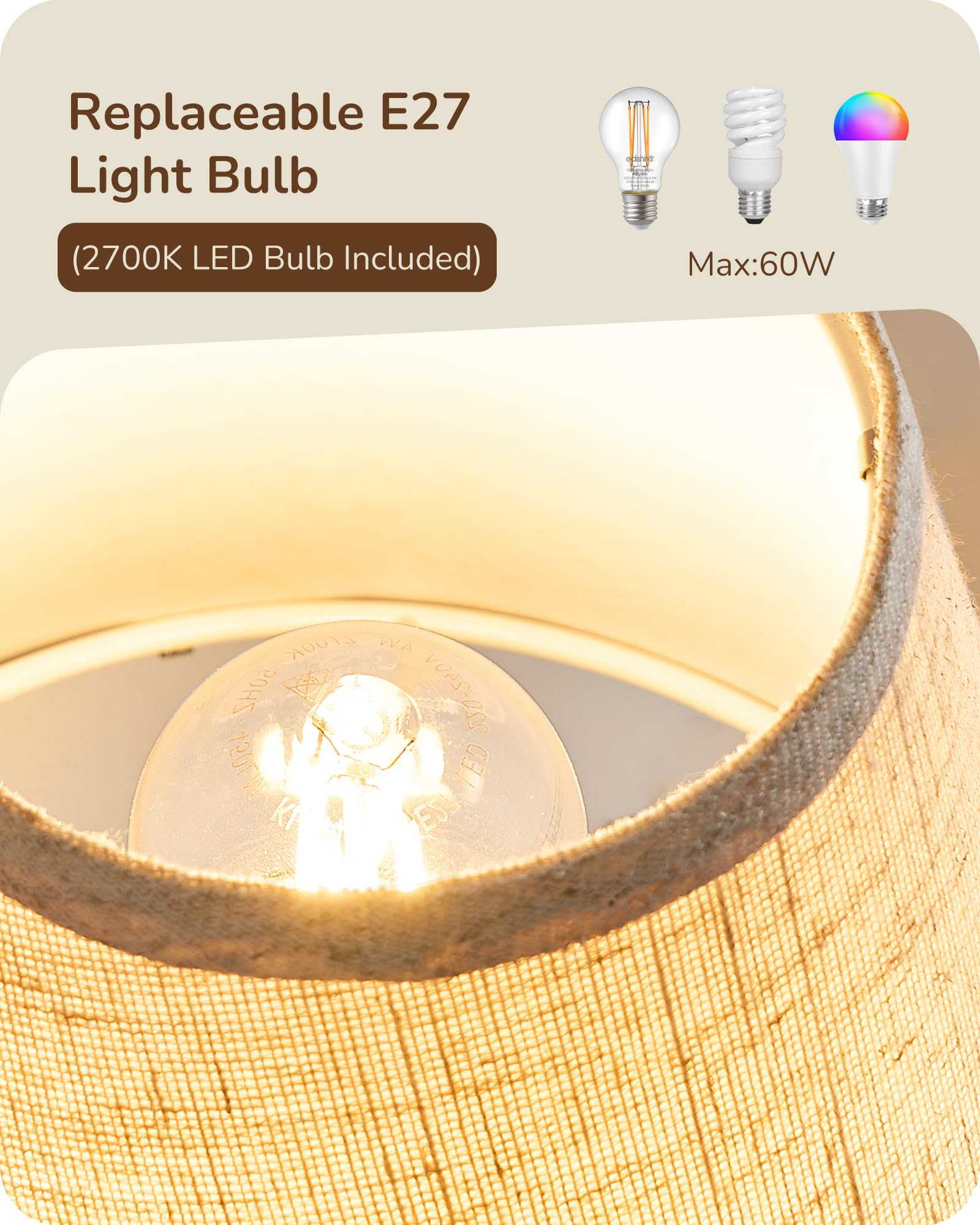 EDISHINE Bedroom Table Lamp, Modern Bedside Lamp with Oatmeal Fabric Linen Shade, Solid Wood Base - Image 3