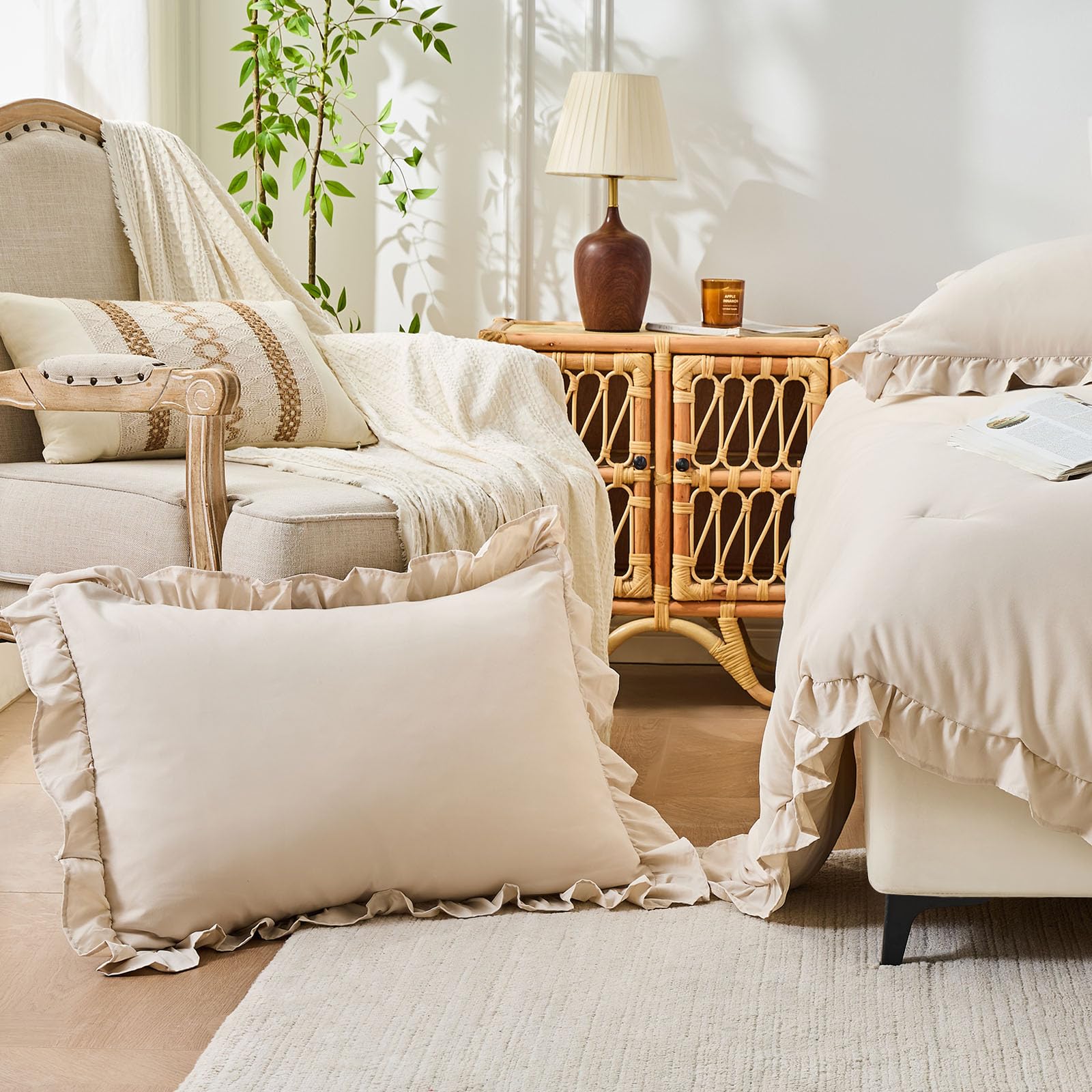 FUANNA Queen Comforter Set Beige 3 Pieces, Ruffle Shabby Chic Queen Bed Set, Flu — product photo