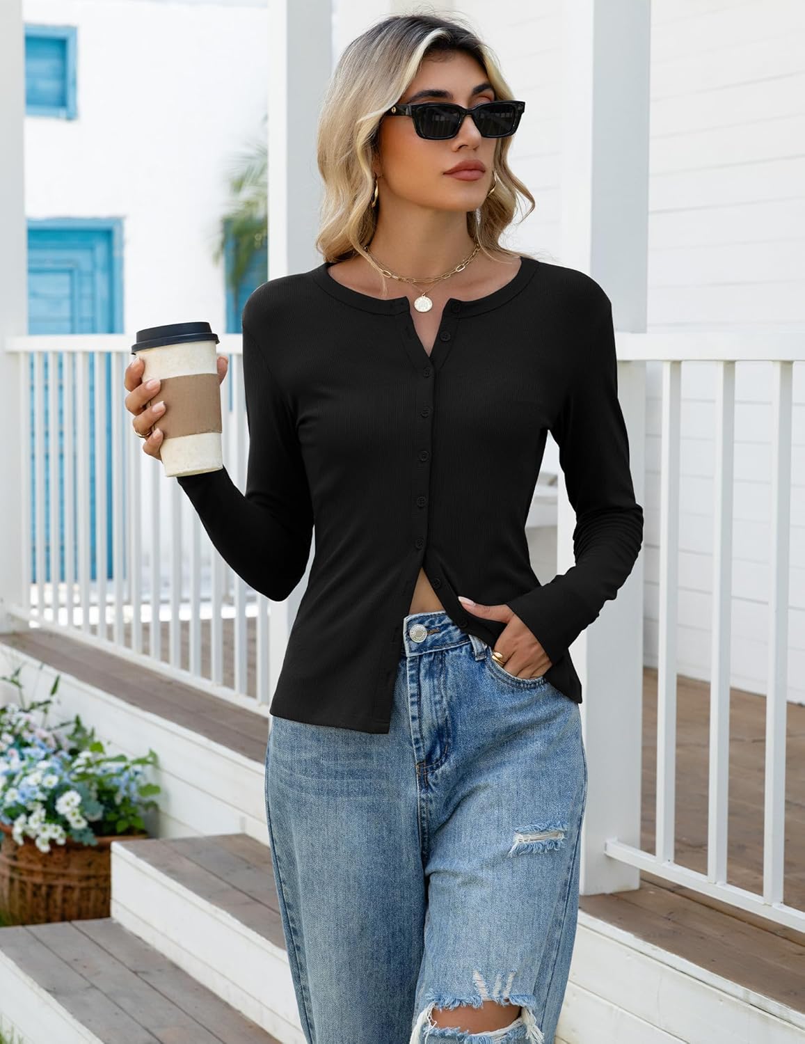 Gleenat Womens Ribbed Long Sleeve Going Out Tops Button Down Up Cardigan Sweaters Lightweight Regular Length Cute Cardigan - Image 5