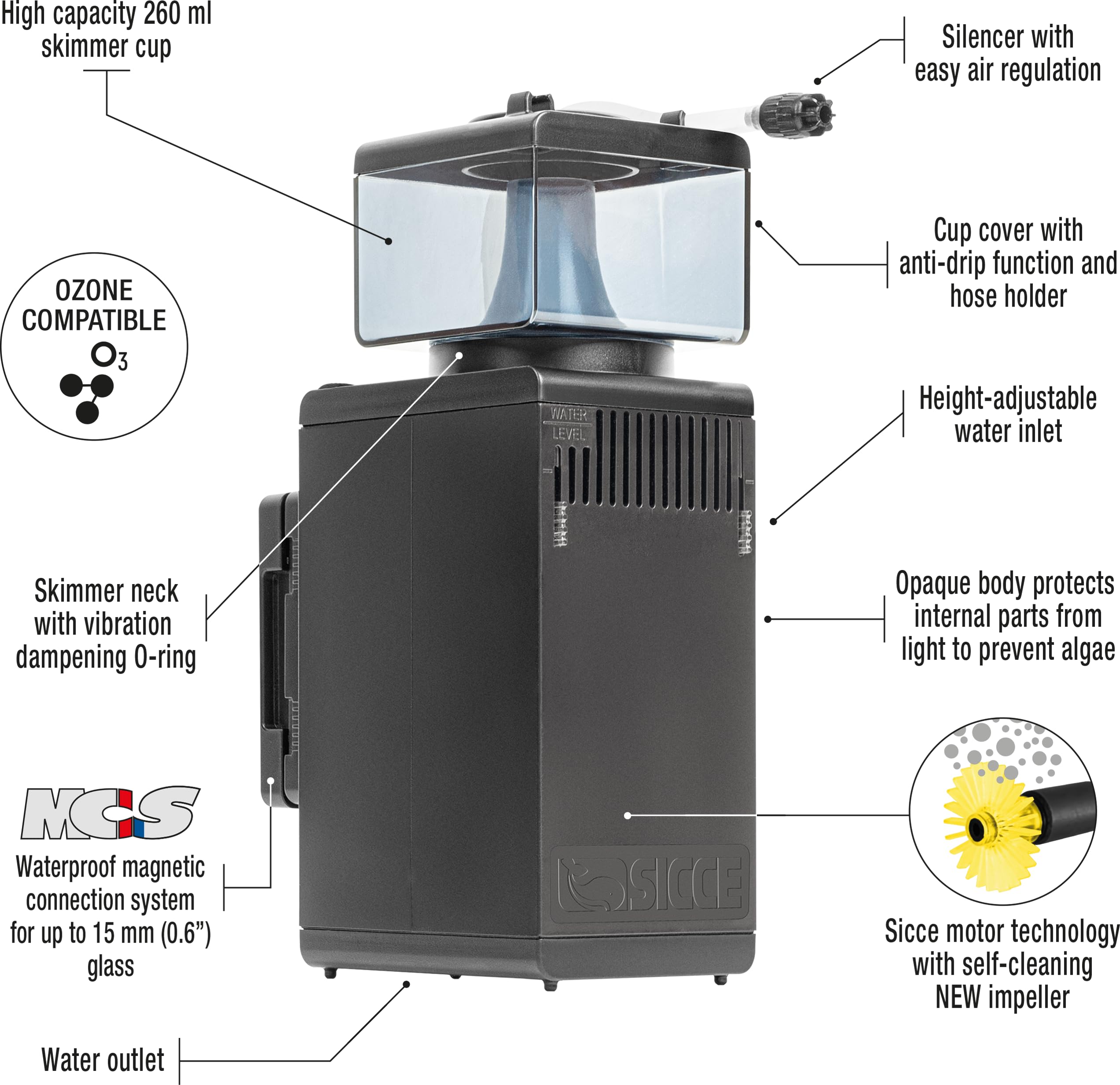 Sicce Shark Nano - Espumadera de proteína para acuarios de agua salada de 300 a 80 galones | Bomba ultra silenciosa, ajustable, compacta, pequeño acuario marino