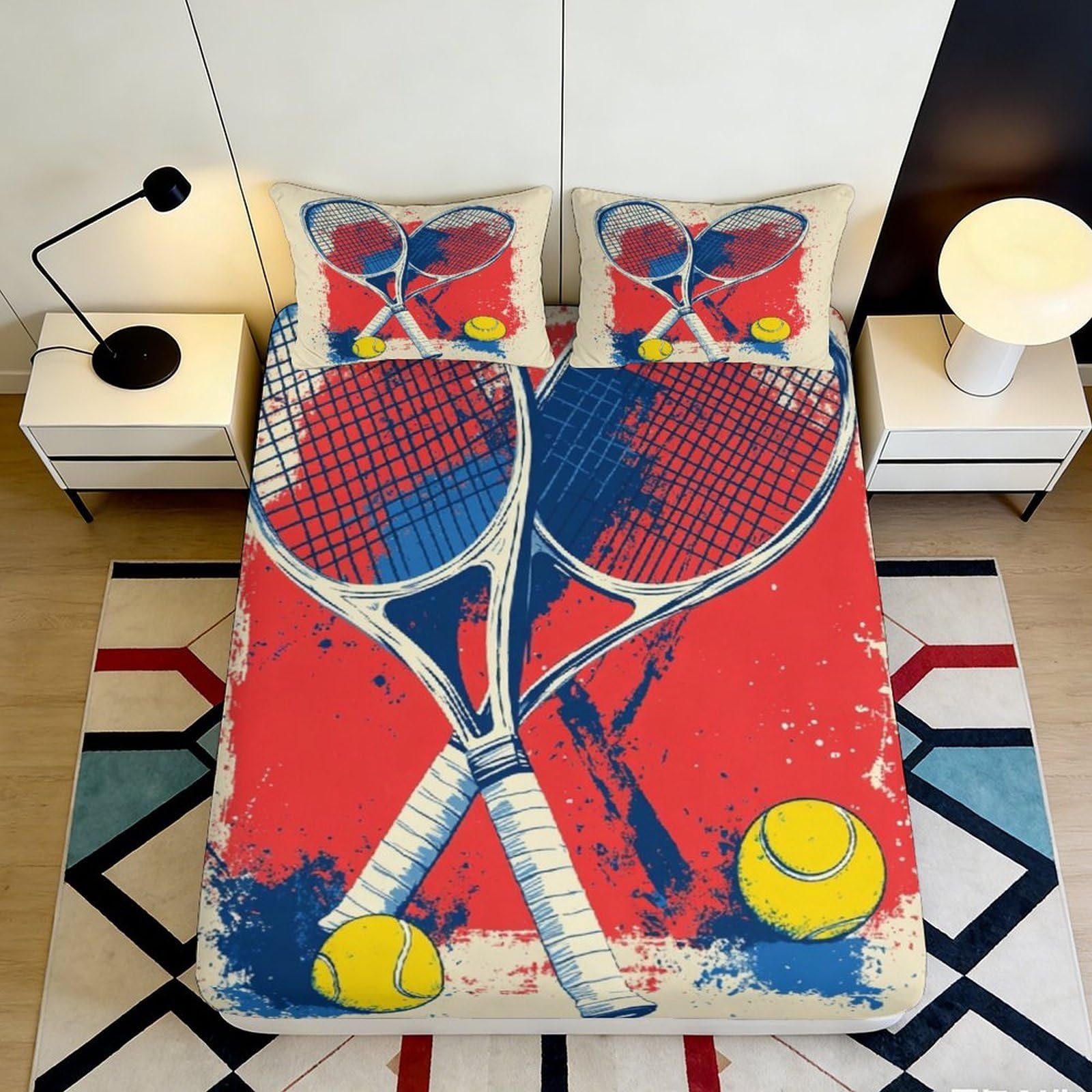3D Printed Tennis Racket Fitted Sheet Microfiber Soft Breathable Tennis Ball Mattress Cover for Bedroom Dorm Decor 90x200x25cm