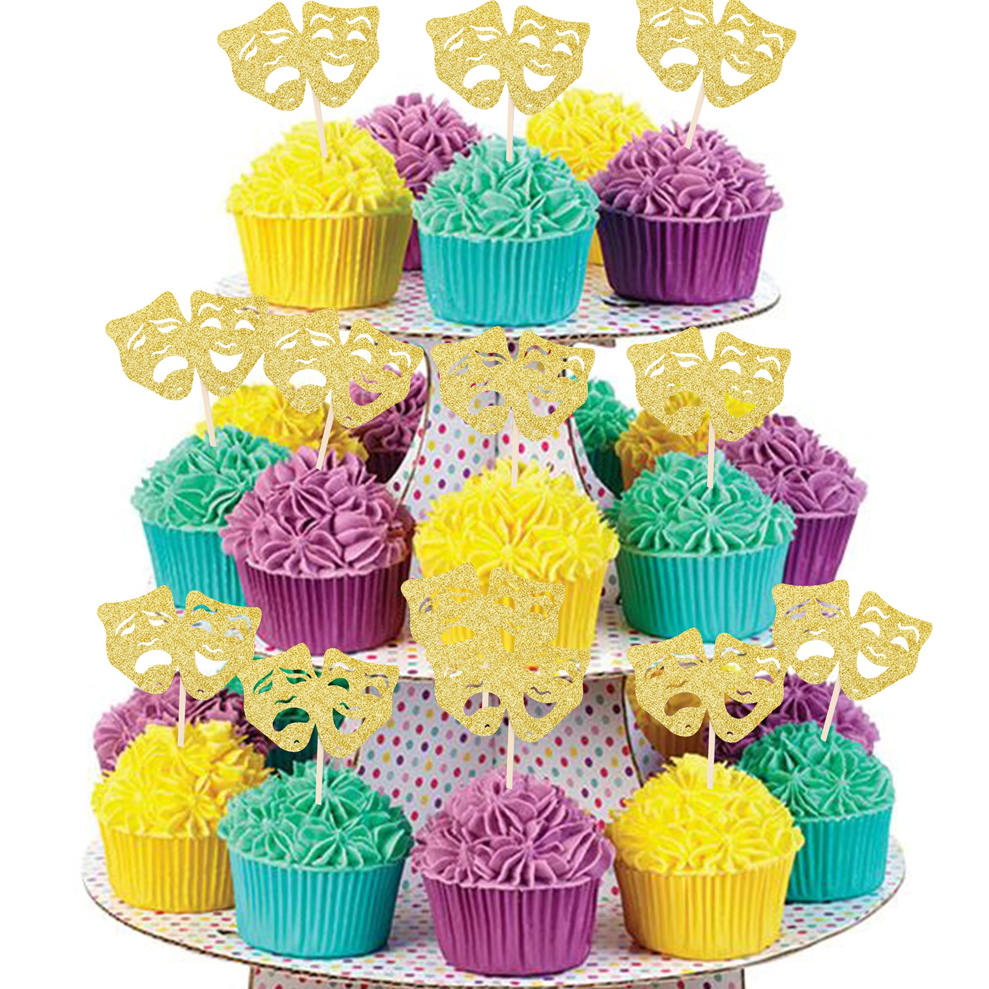 Gyufise 24 Cupcake-Topper – Theatermasken Gold & Glitzer – Ideal Für Filmabende, Festival & Motto-Partys – 6 X 9,9 Cm, Einseitig Bedruckt