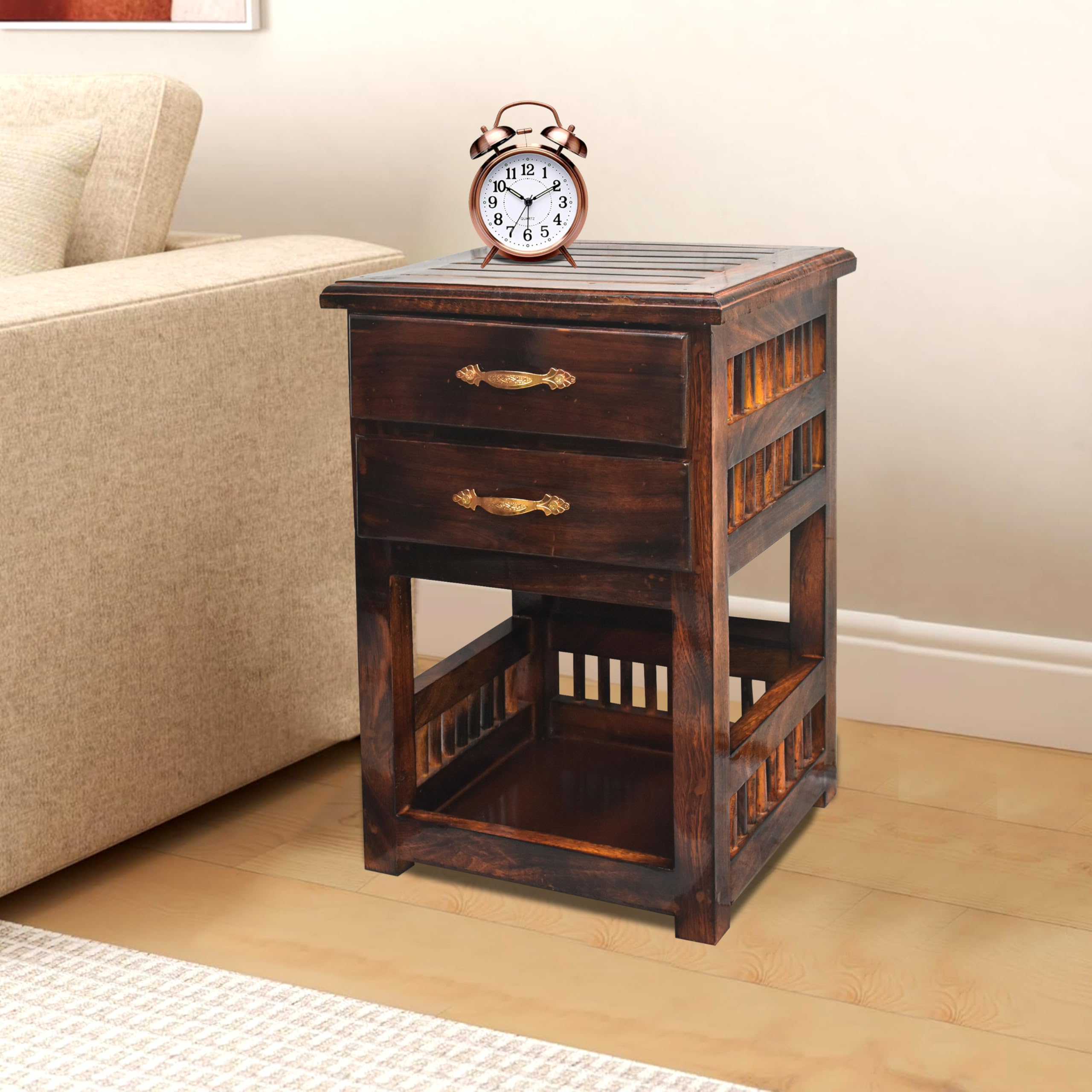 Bedside Table 2 Drawers Nighstand for Bedroom Wood (Antique)-image-47