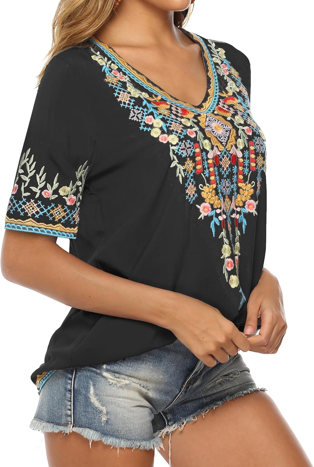 Grosy Plus Size Mexican Embroidered Peasant Blouse, Loose Fit Bohemian Short Sleeve Top for Women, Summer Vacation T-Shirt - Image 3