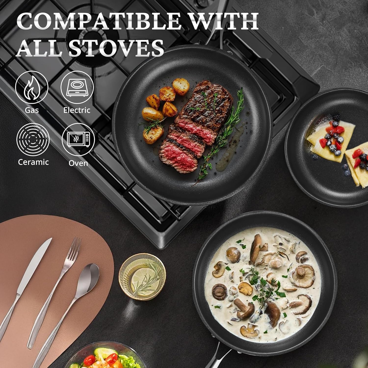 KOKHUB Nonstick Frying Pans with Lids, 8", 10", 12" Titanium Ceramic Tri-Ply Stainless Steel Skillet Set, Non-Toxic, PFAS/PFOA/PTFE Free, Dishwasher & Oven Safe, Induction Compatible - Image 7