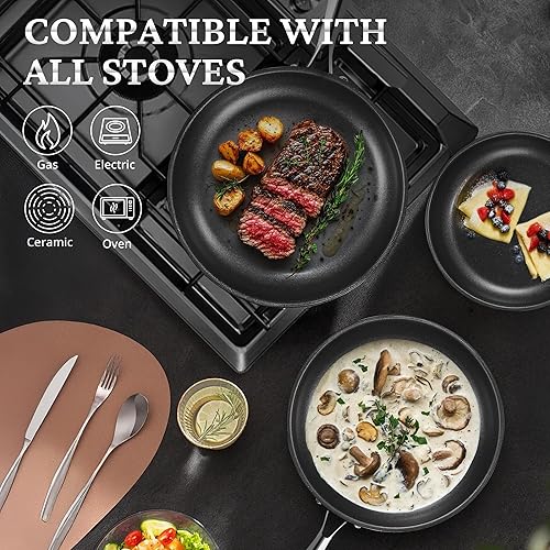 Miniatura 7 de KOKHUB Sartenes antiadherentes de cerámica de titanio con tapas, juego de sartenes de acero inoxidable de tres capas de 12 pulgadas, no tóxico, sin