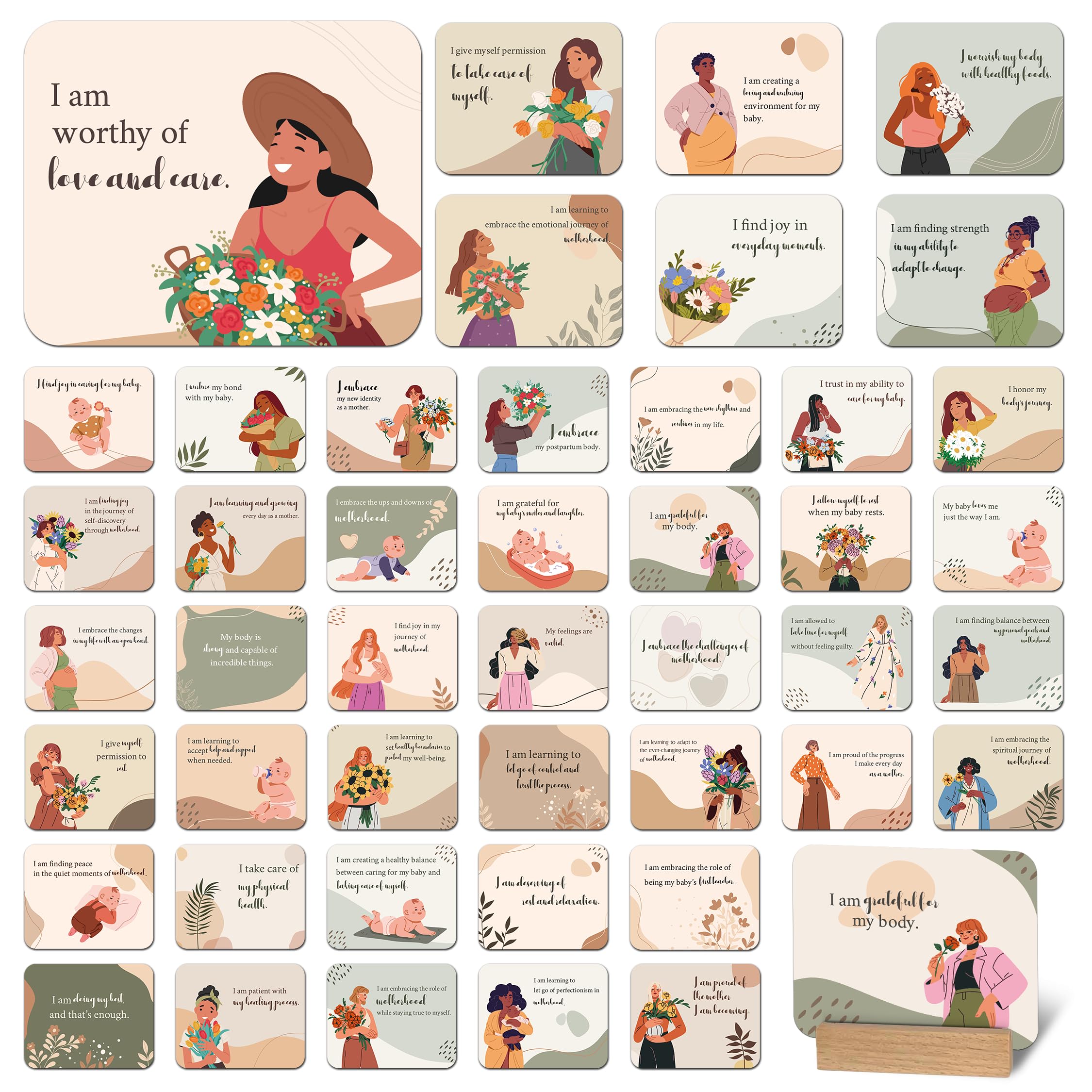 BIROYAL New Mom Gift with Empowering Messages, Mothers Day Gifts, New Mom Essentials, 45 PCS Affirmation Cards for Post Partum/Postpartum, Pregnancy Affirmation Cards with Wooden Stand (Vintage)