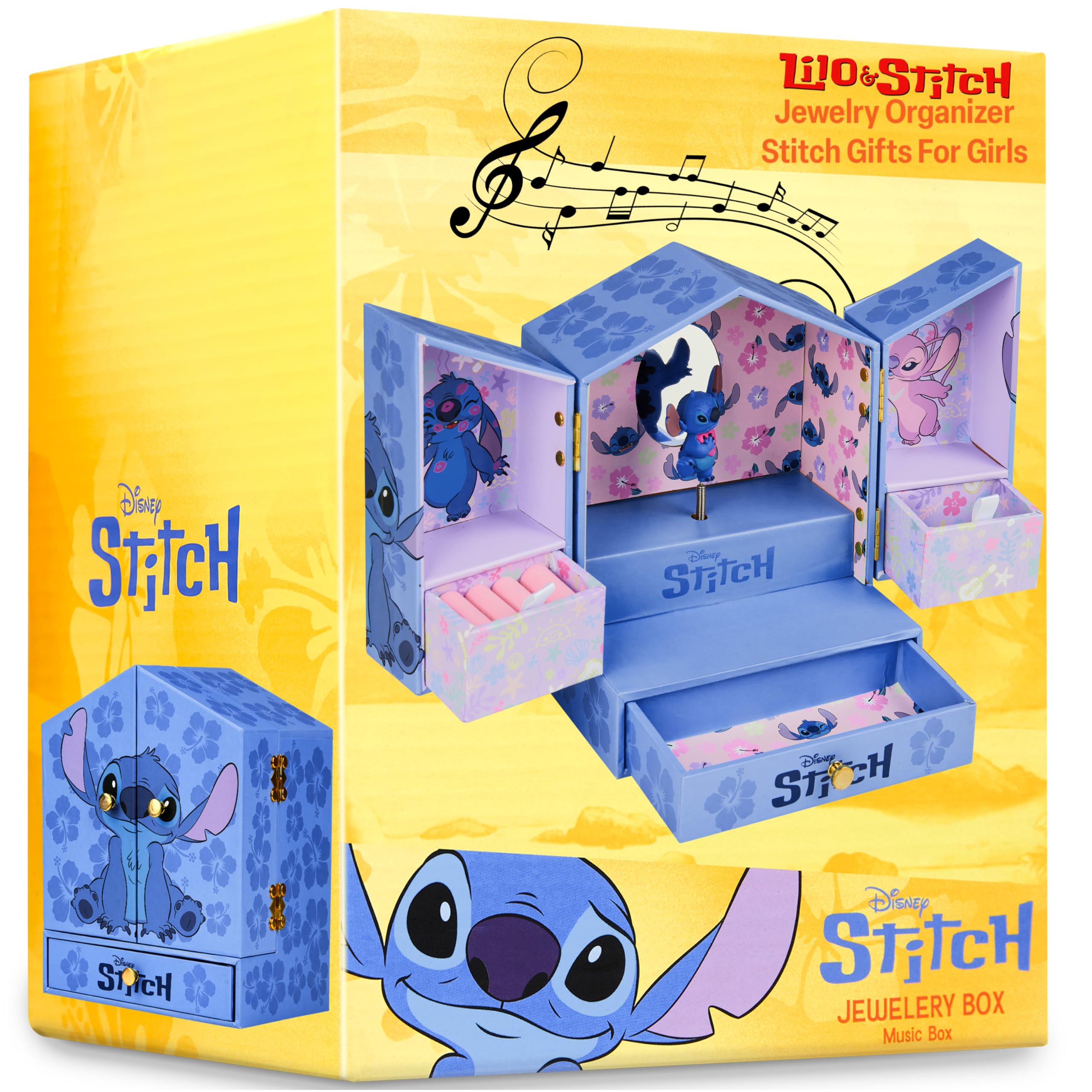Get Trend Disney Stitch Musical Jewellery Box Girls Gift Ideas Tweens Bedroom Decor Wind Up Music Box with Mirror and Storage Drawers Gifts for Her (Blue Stitch)