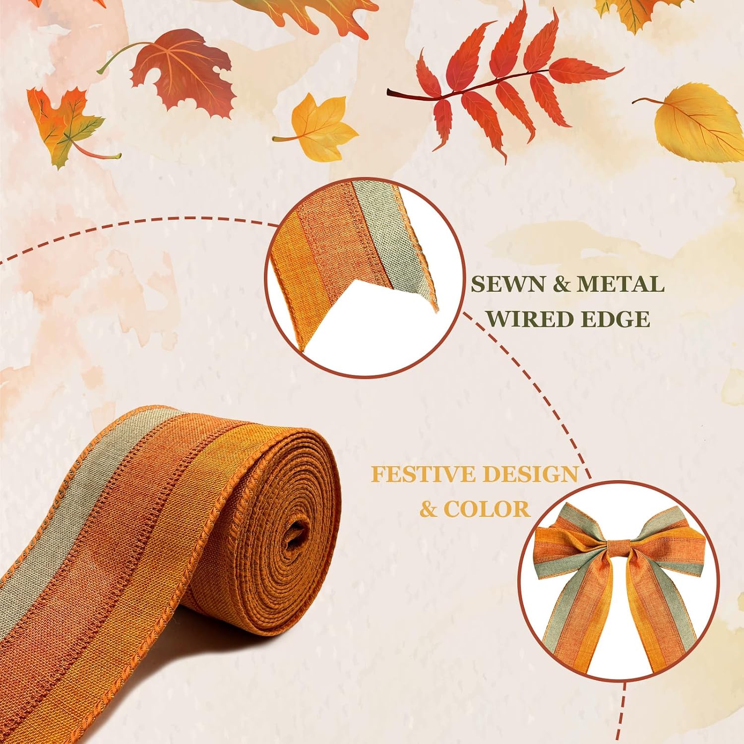 Orange Yellow Burlap Ribbon Wired, Stripe Edged Ribbon for Fall Decoration image 2