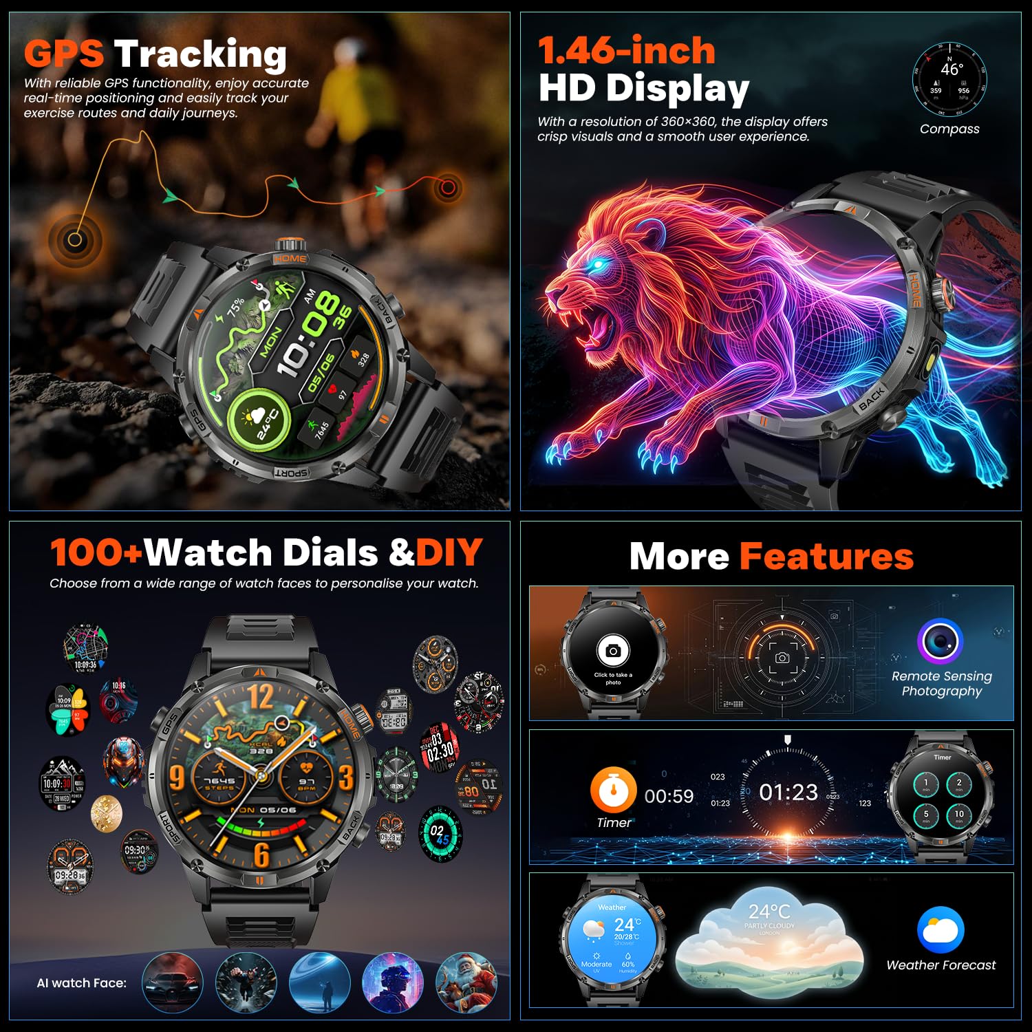 Montre Connectée Homme GPS Smartwatach: 1.46" HD Smart Watch Appel Bluetooth Fréquence Cardiaque SpO2 580mAh Batterie 100+ Modes Sportifs IP68 Etanche Surveillance Santé Torche LED pour iOS e Android