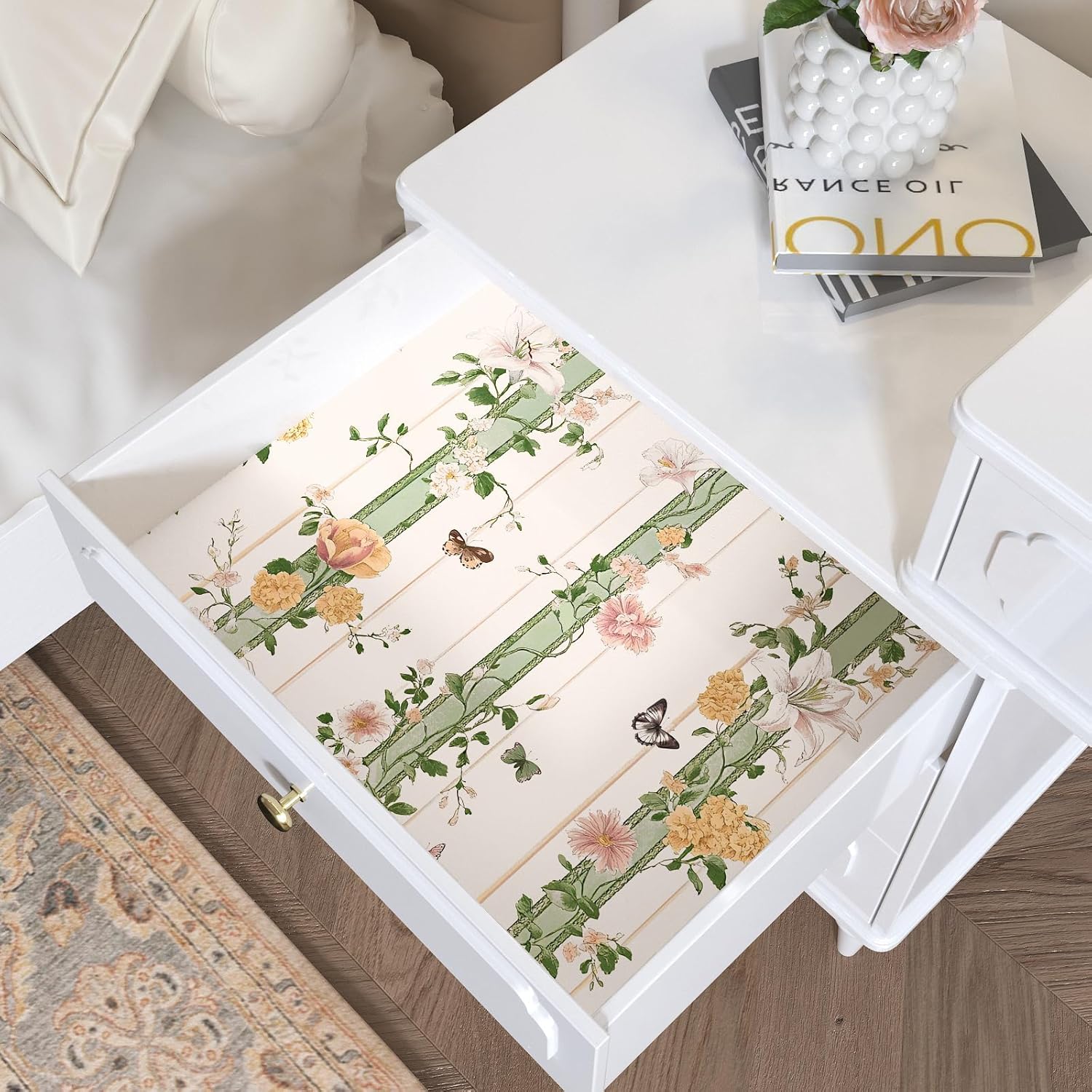 BOKEBEVE Boho Wallpaper Peel and Stick Floral Contact Paper Butterfly Wall Paper for Tabletop Bathroom Shelf Liner Removable Renter Friendly Beige Pink 17.5 x 118In