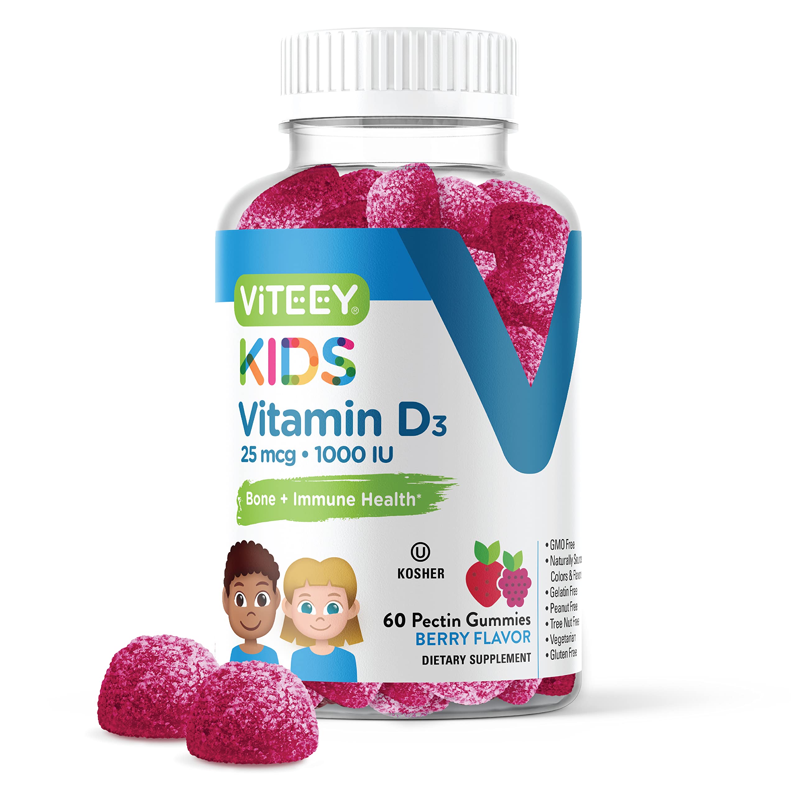 Viteey Vitamin D3 Kids Gummies 25mcg 1000 IU -Tasty Chewable Berry Flavored 60 Count (Pack of 1)