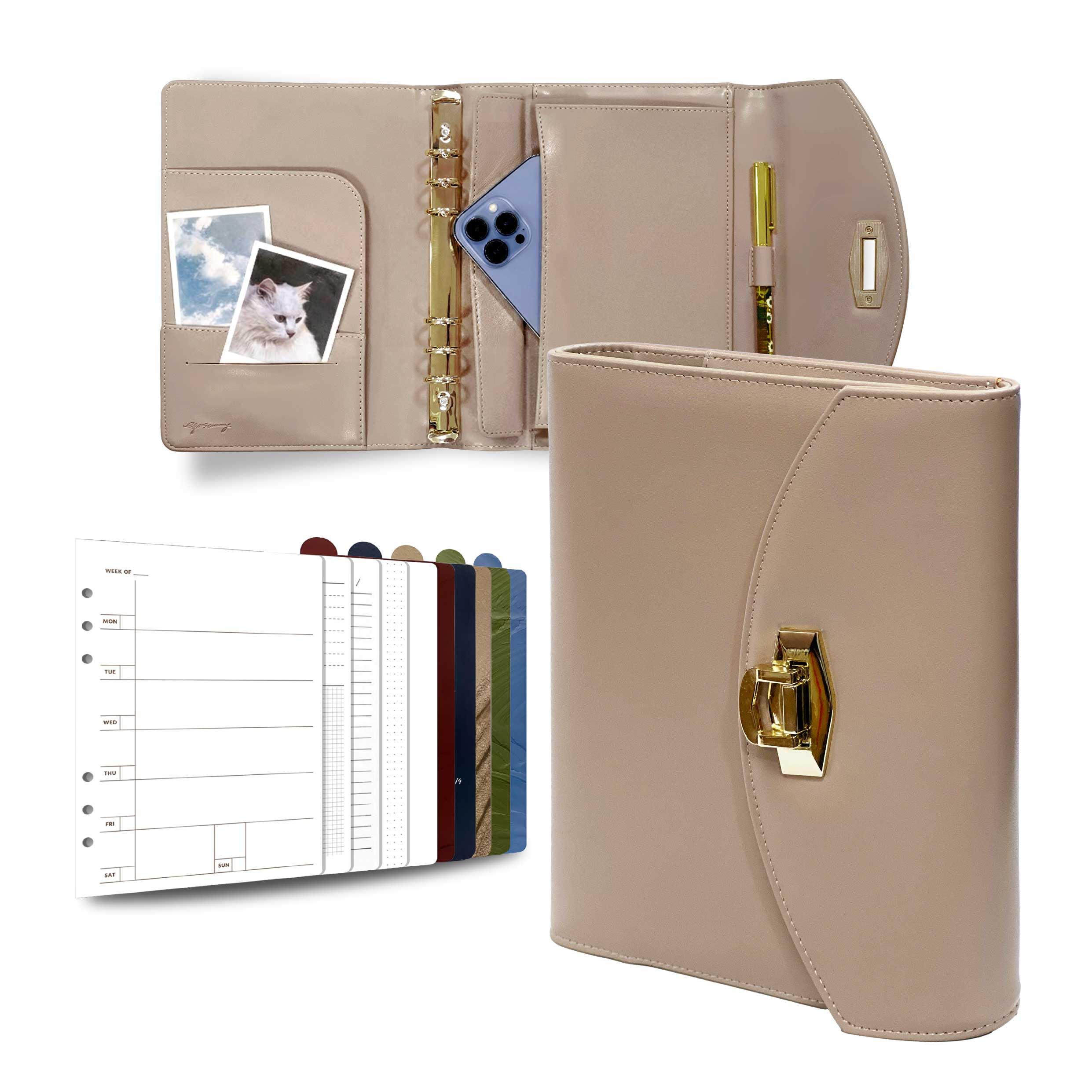Terence A5-Clutch-Tagebuch-Planer, 14,7 x 21,1 cm, nachfüllbar, 6-Ringbuch mit 80 Blatt Planerpapier, 5 Trennwänden und abnehmbarem Reißverschlussbeutel für Arbeit, Schule und persönlichen