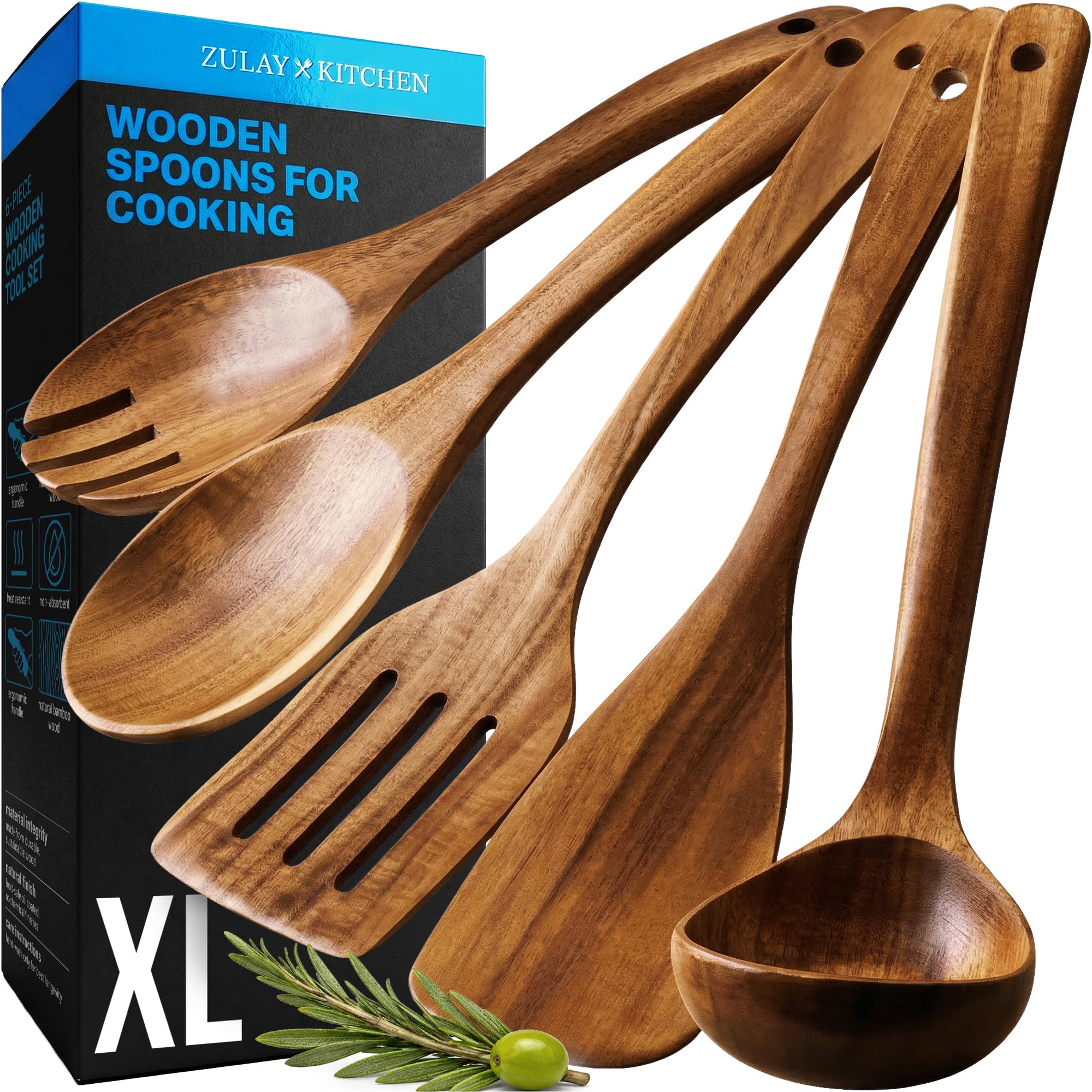 Zulay Kitchen Extra-Large 5-Piece Wooden Spoon Set - Smooth Teak Cooking Utensils - Comfort-Grip Non-Stick Turner, Spatula, Skimmer, Fork, Serving Spoon