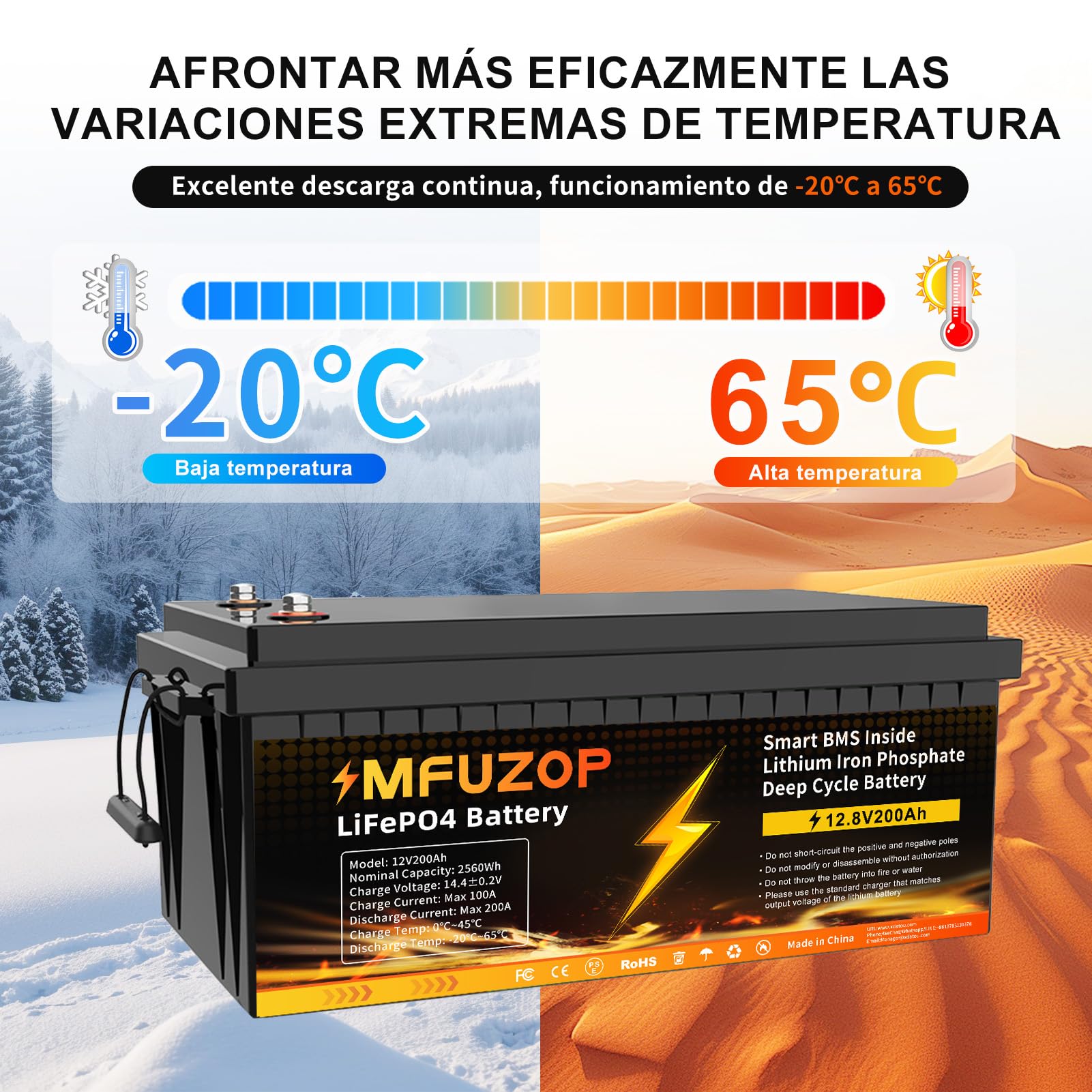 Batería Litio 12V 200Ah, BMS 200A Integrado, Potencia Máxima de Salida 2560W, 15000+Cycles, Soporte de Potencia en Conexión Serie/Paralelo, Solar, RV, Off-Grid(12V200AH*1Pcs)