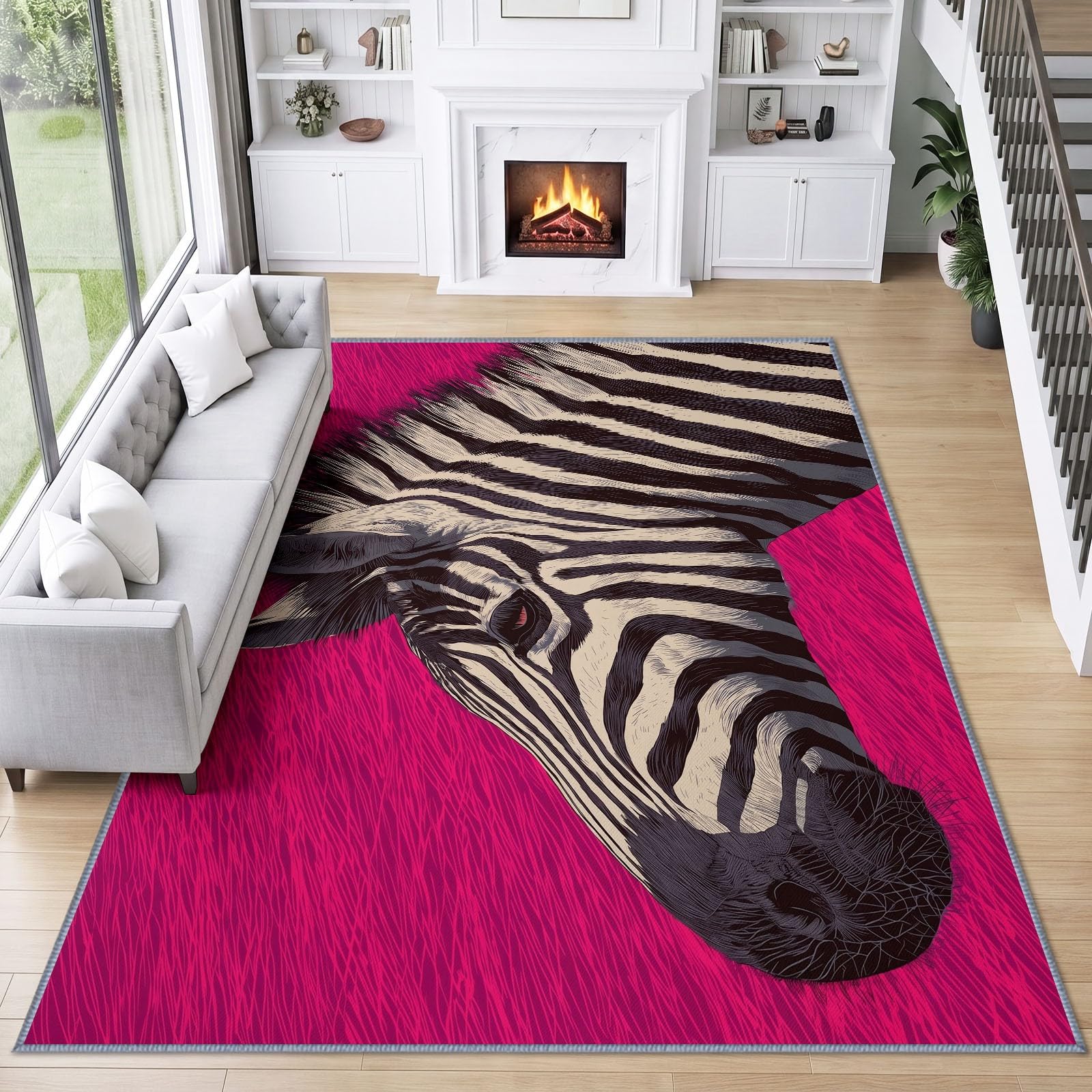 Alfombra de área con estampado animal para sala de estar, 140 x 200 cm, cabeza de cebra, lavable a máquina, alfombra para dormitorio, suave, pelo corto, antideslizante, alfombra clásica para comedor