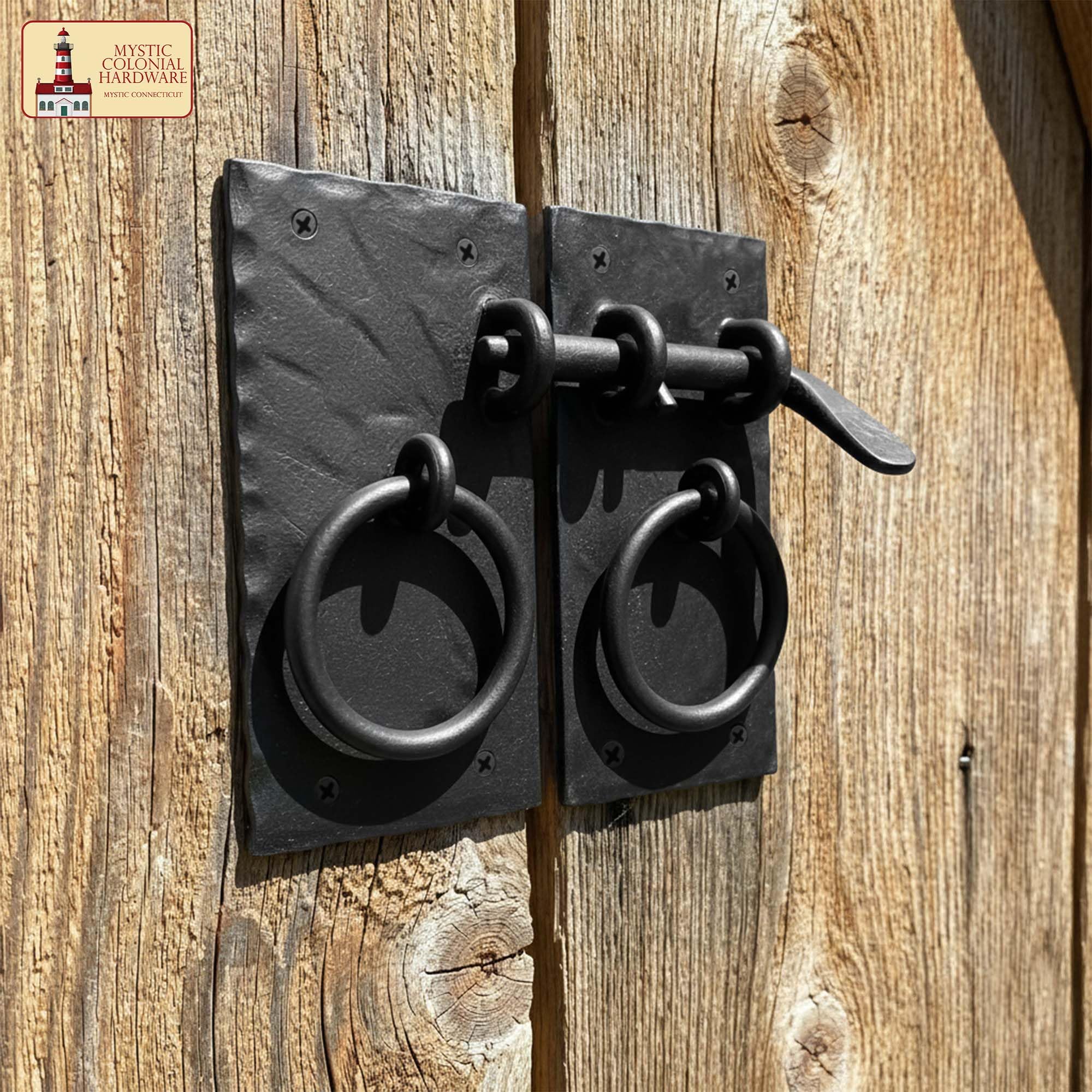 Mystic - Set di chiavistelli in ferro forgiato a mano, stile rustico, con maniglie ad anello, per cancelli, porte del fienile, capannoni e armadi