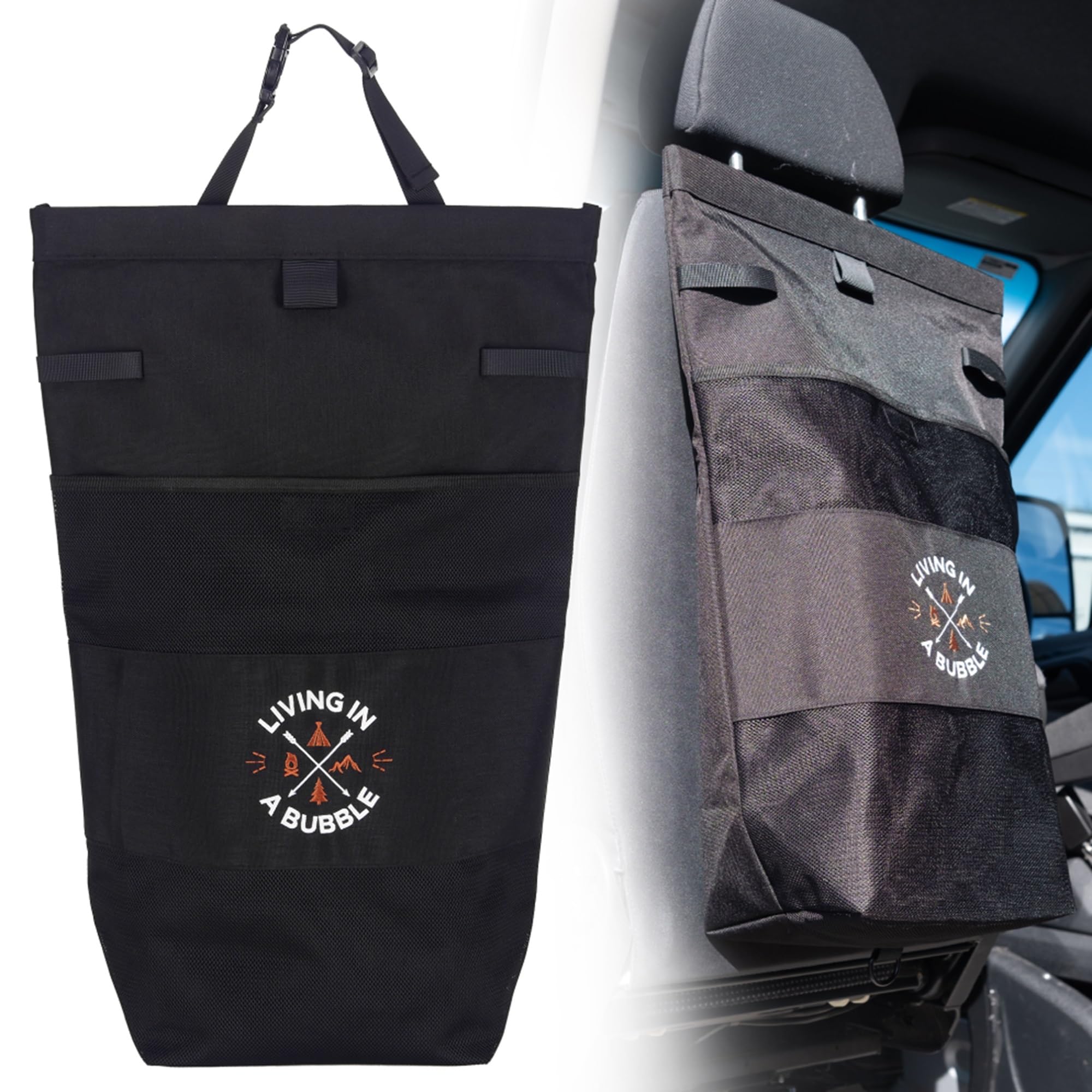 Living in a Bubble Organizer per sedile posteriore di alta qualità, per camper e auto, con borsa magnetica da viaggio e tasche multifunzionali (nero, borsa utilità)