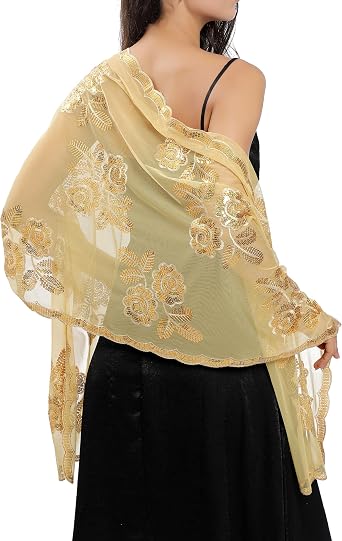 Women Shawl Wrap for Evening Dresses, Embroidered Lace Sequin Floral Chiffon Formal Wrap for Weddings