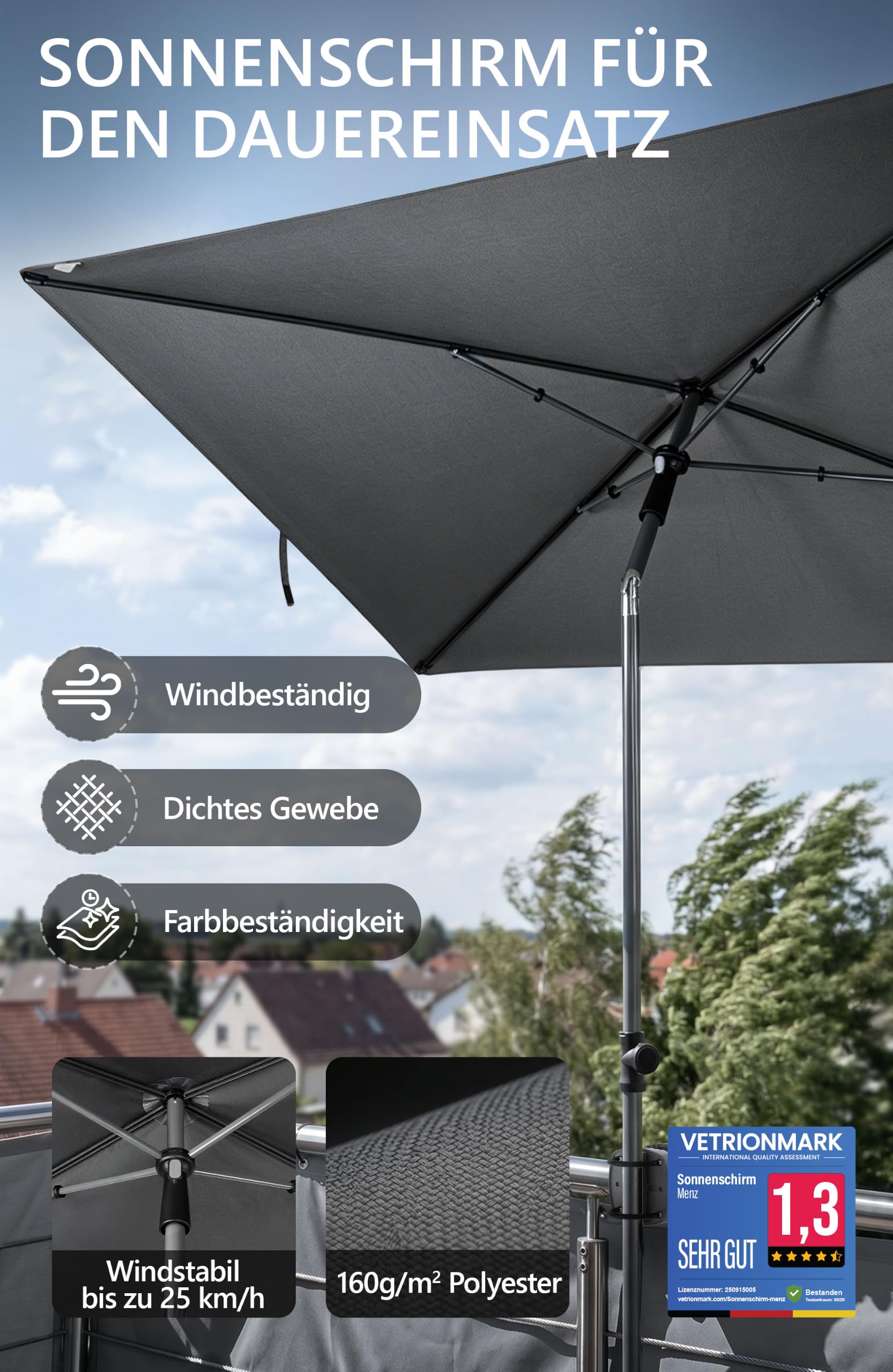 4smile Sonnenschirm Balkon 200 × 125 cm, Sonnenschirm rechteckig mit UPF 50+, 45° knickbar & höhenverstellbar, für Sonnenschutz Balkon mit Sonnenschirmhülle, Balkonschirm in Anthrazit